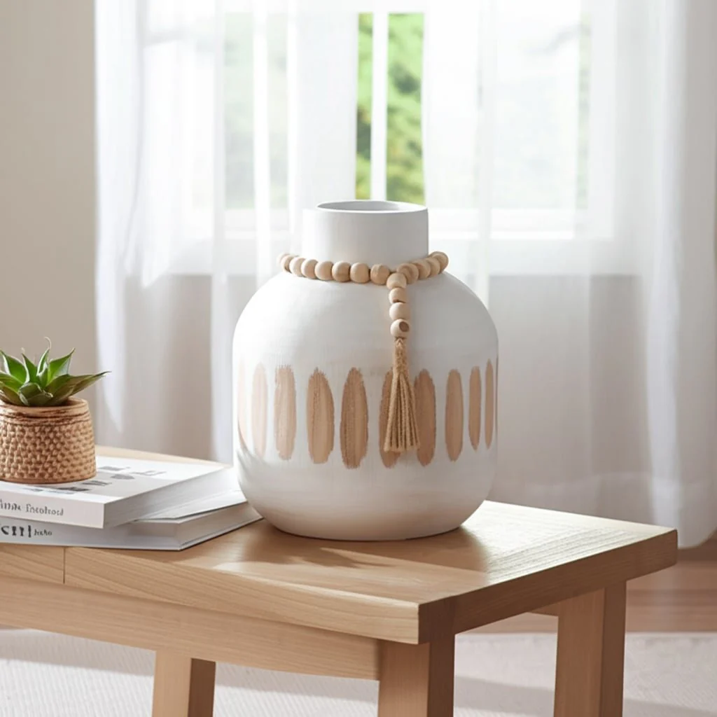 Wood, 8" Round Ridged Vase W/ Tassels, White - Image 12