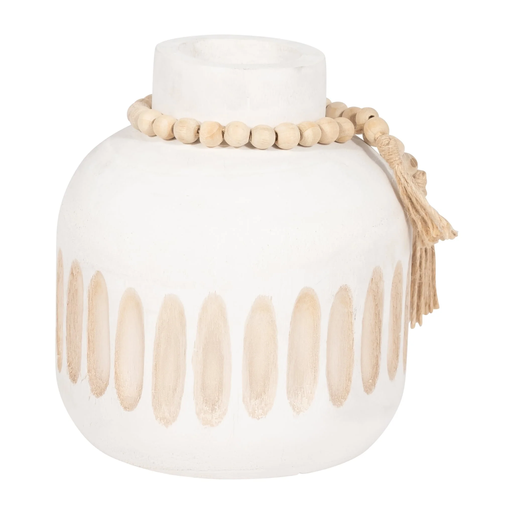 Wood, 8" Round Ridged Vase W/ Tassels, White - Image 3