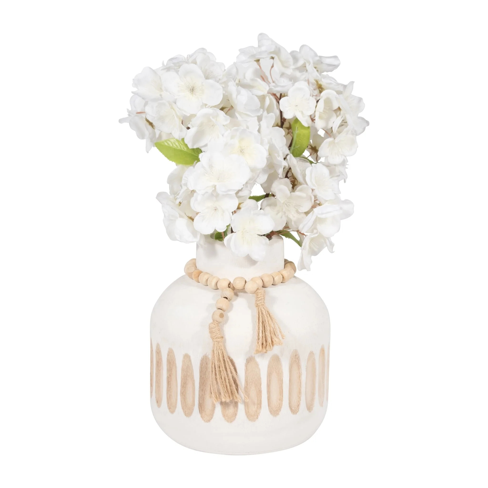Wood, 8" Round Ridged Vase W/ Tassels, White - Image 4
