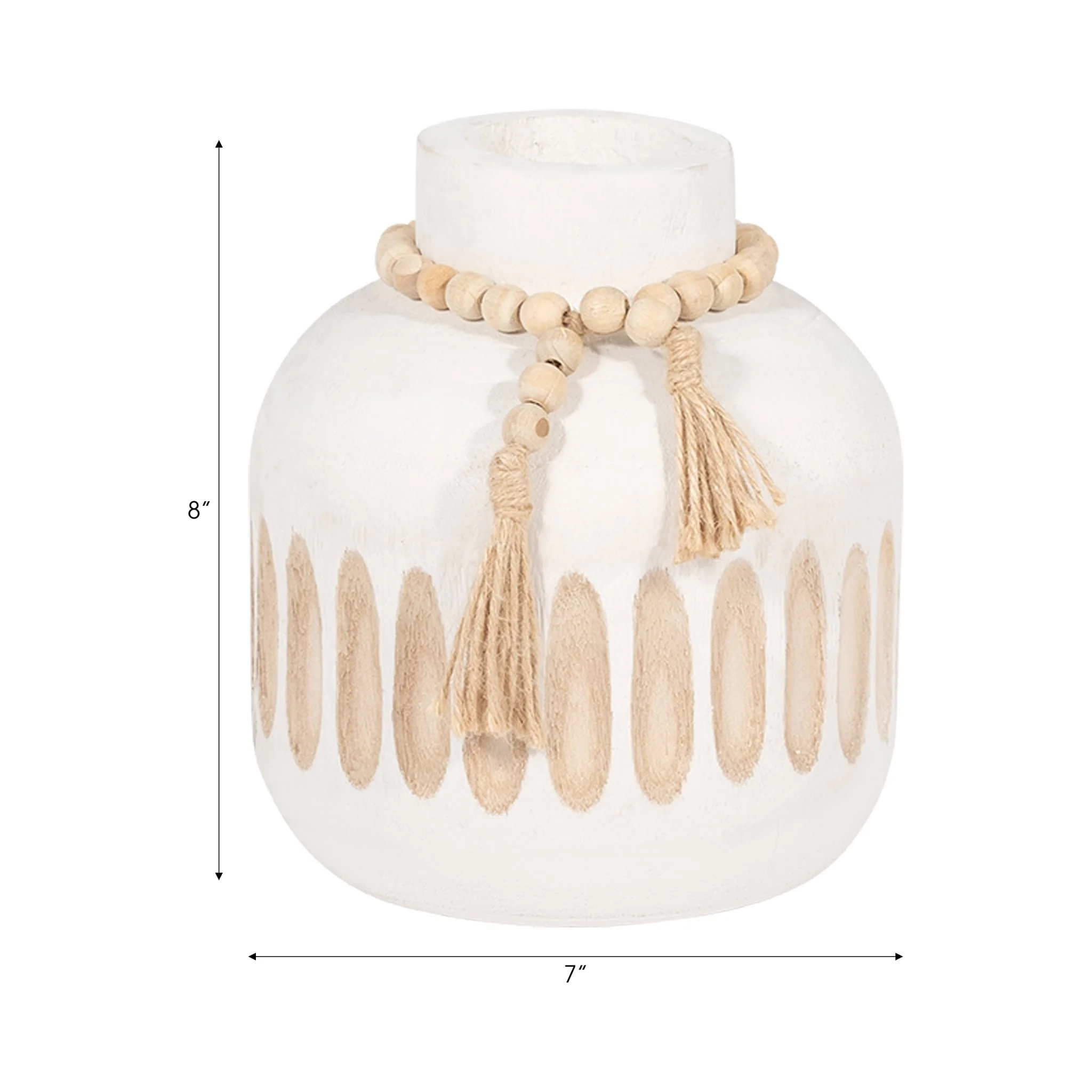 Wood, 8" Round Ridged Vase W/ Tassels, White - Image 8