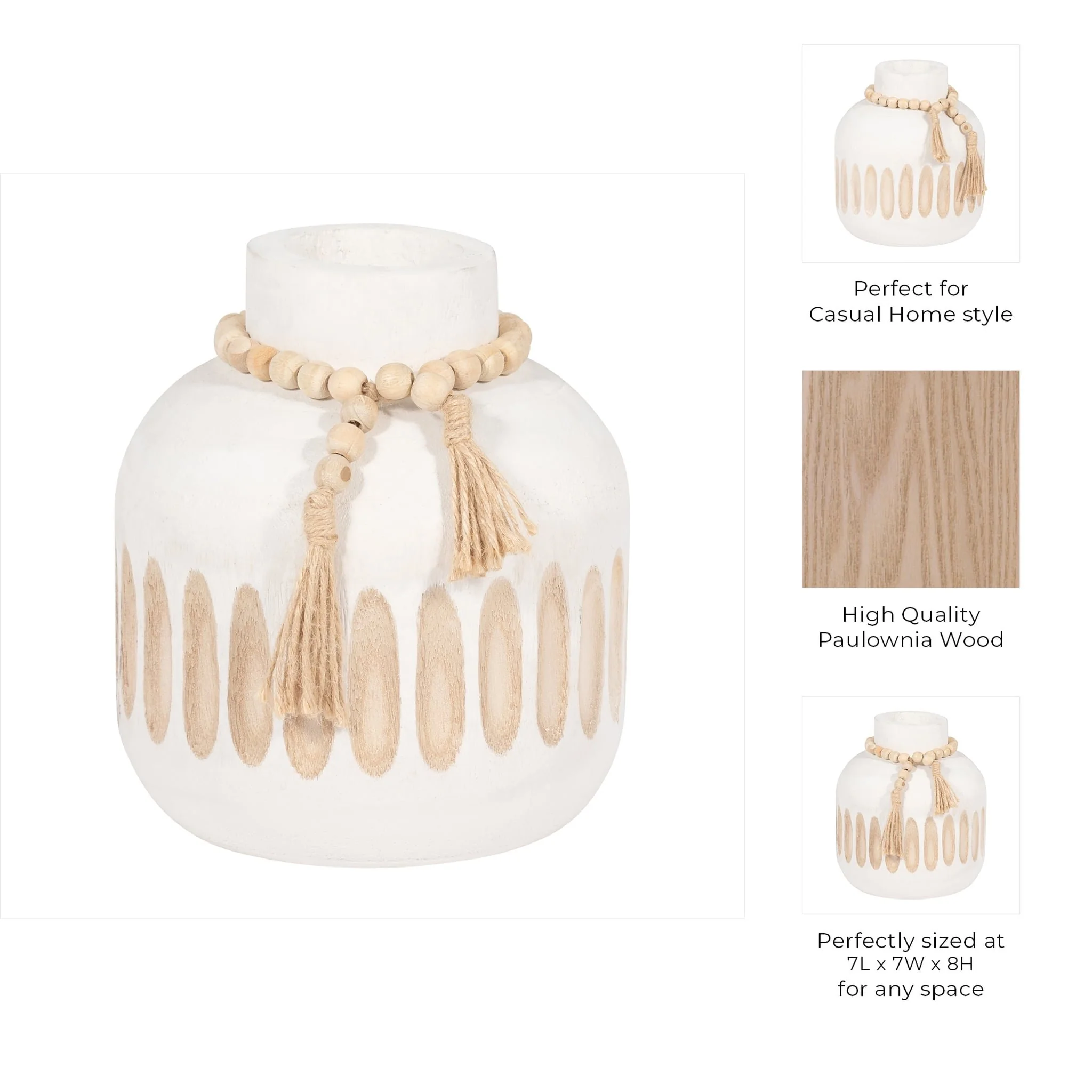 Wood, 8" Round Ridged Vase W/ Tassels, White - Image 9