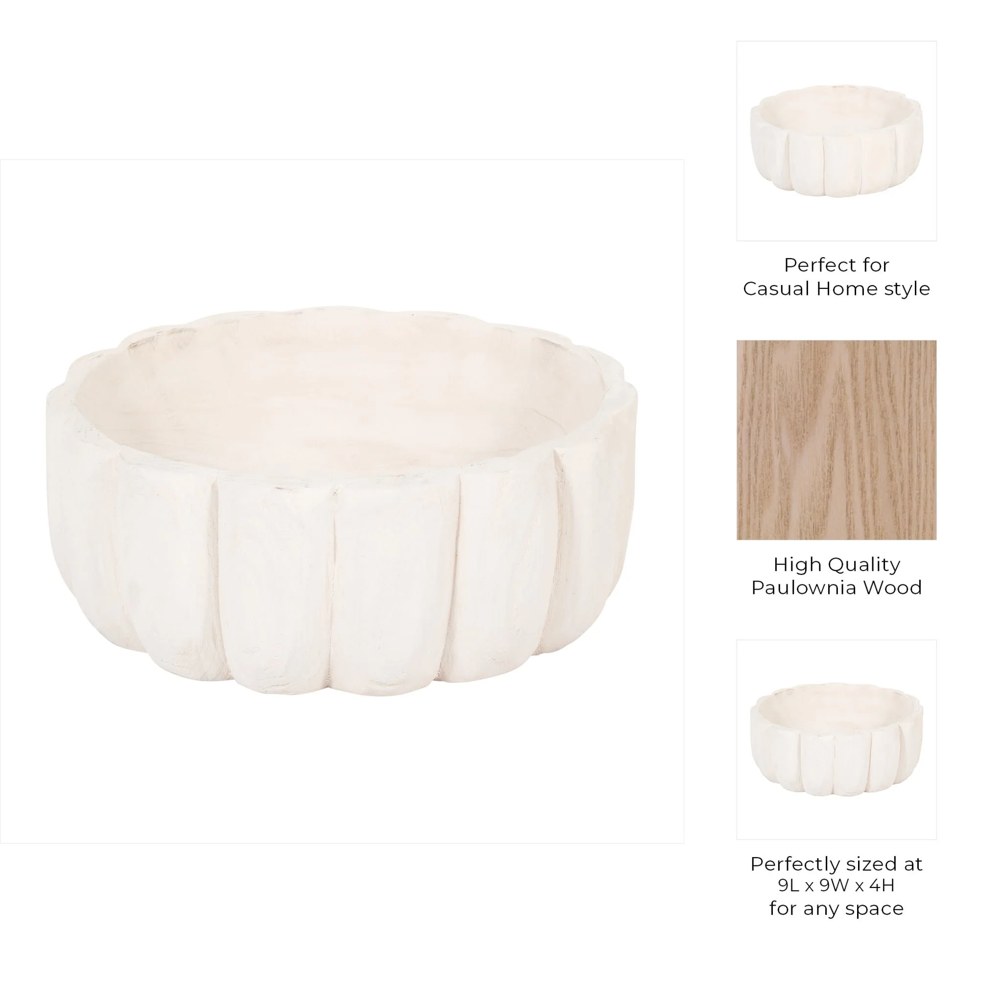 Wood, 9" Scalloped Bowl, White - Image 9
