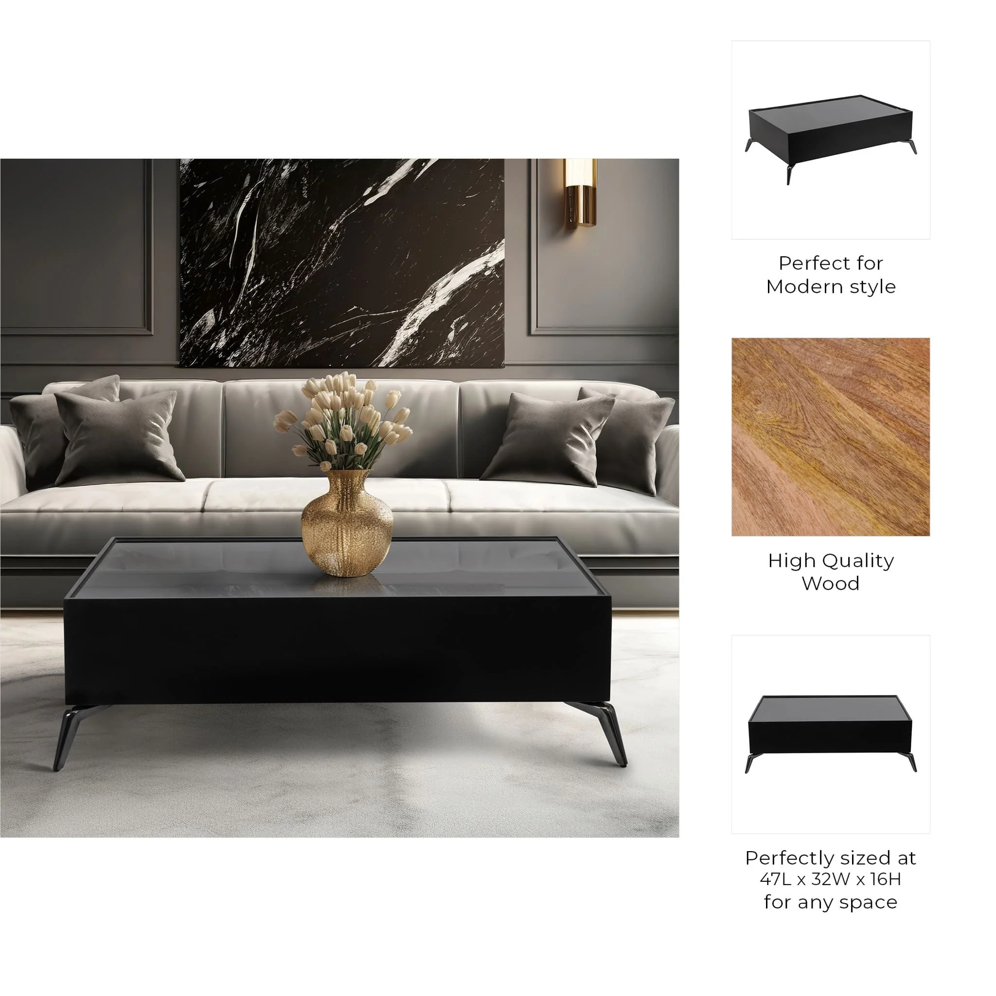 Wood/glass, 47x16" Coffee Table, Blk, Kd - Image 8