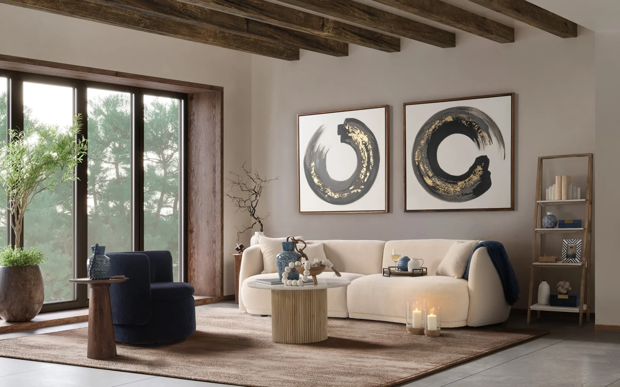 Wood/marble, 34"d Reeded, Coffee Table,  Kd 2boxes - Image 9