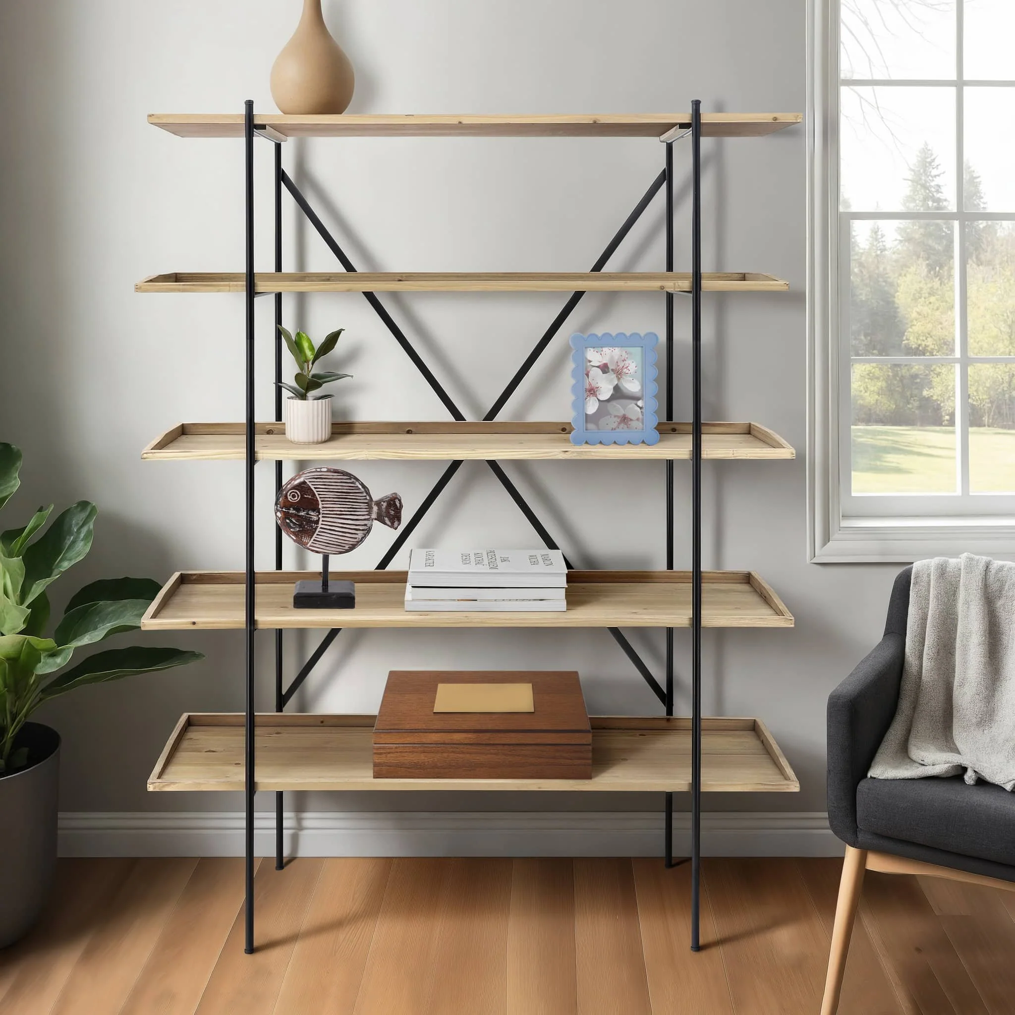 Wood/metal, 65"h 5-layered Shelf, Brown/black Kd - Image 10