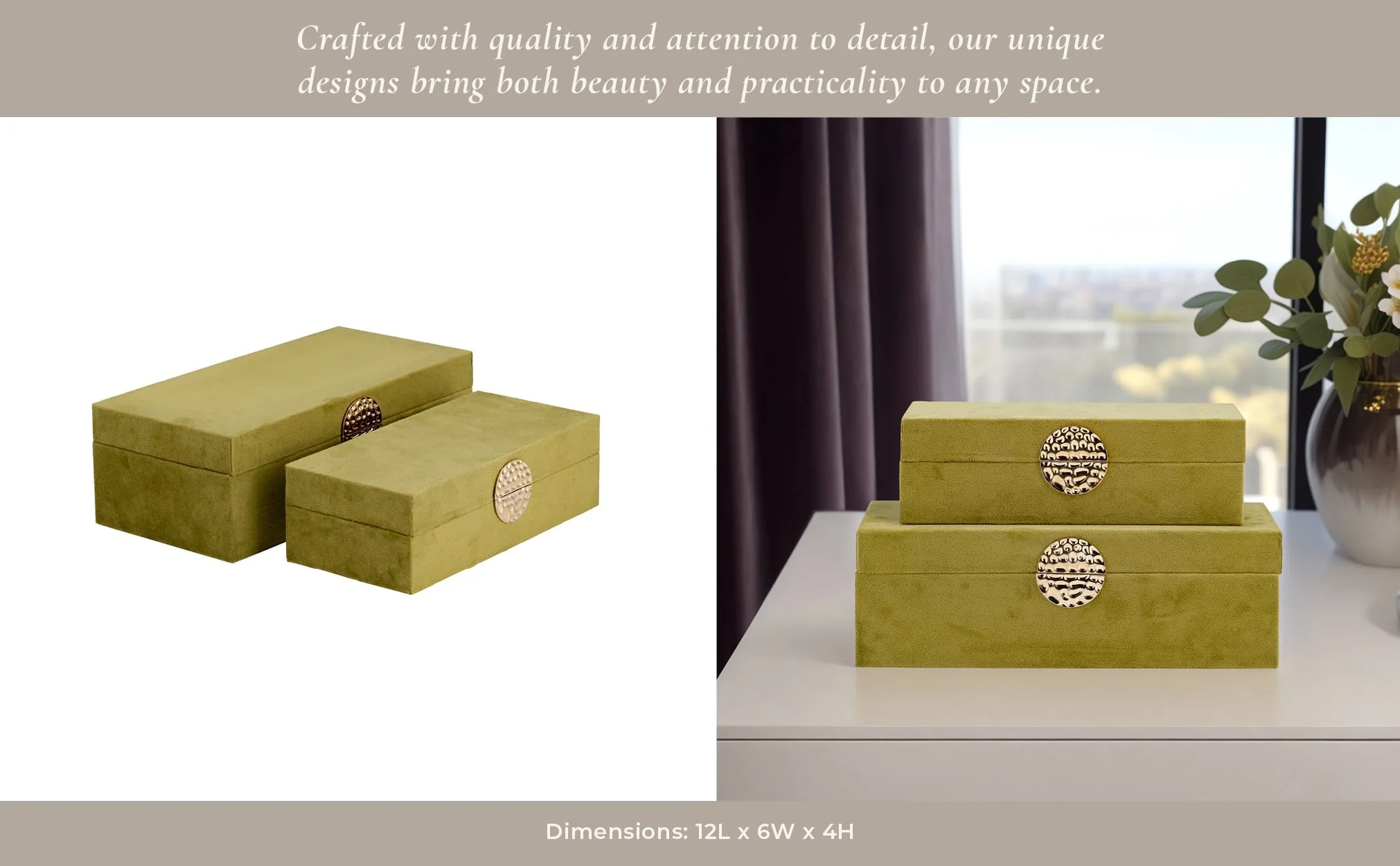 Wood, S/2 10/12" Box W/ Medallion, Olive/gold - Image 4