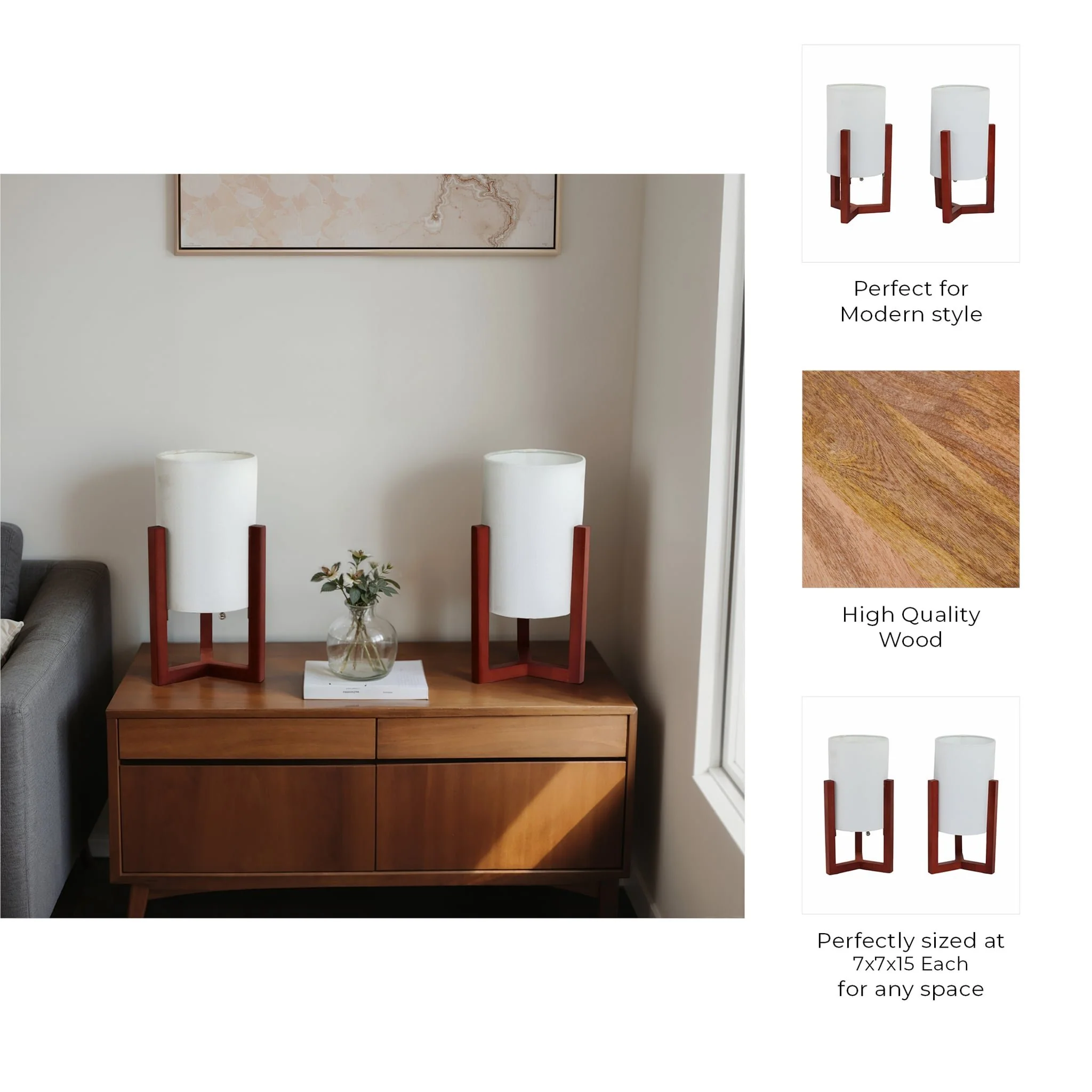 Wood,s/2,15"h,cylnder Tripod Tbl Lamps,cherry/wht - Image 7