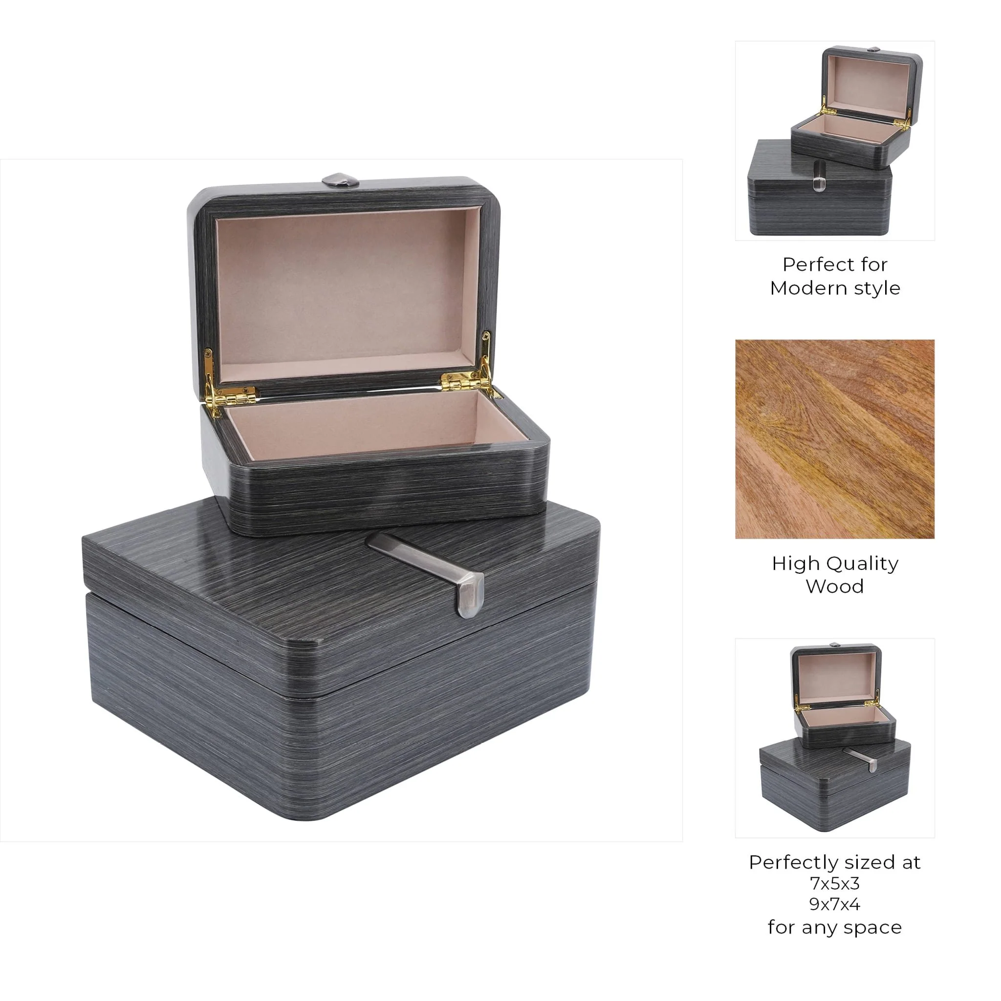 Wood, S/2 7/9" Box W/ Medallion, Gray - Image 2