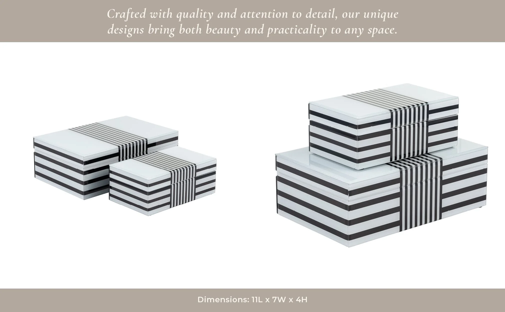 Wood, S/2 8/11" Striped Boxes, Black/white - Image 4