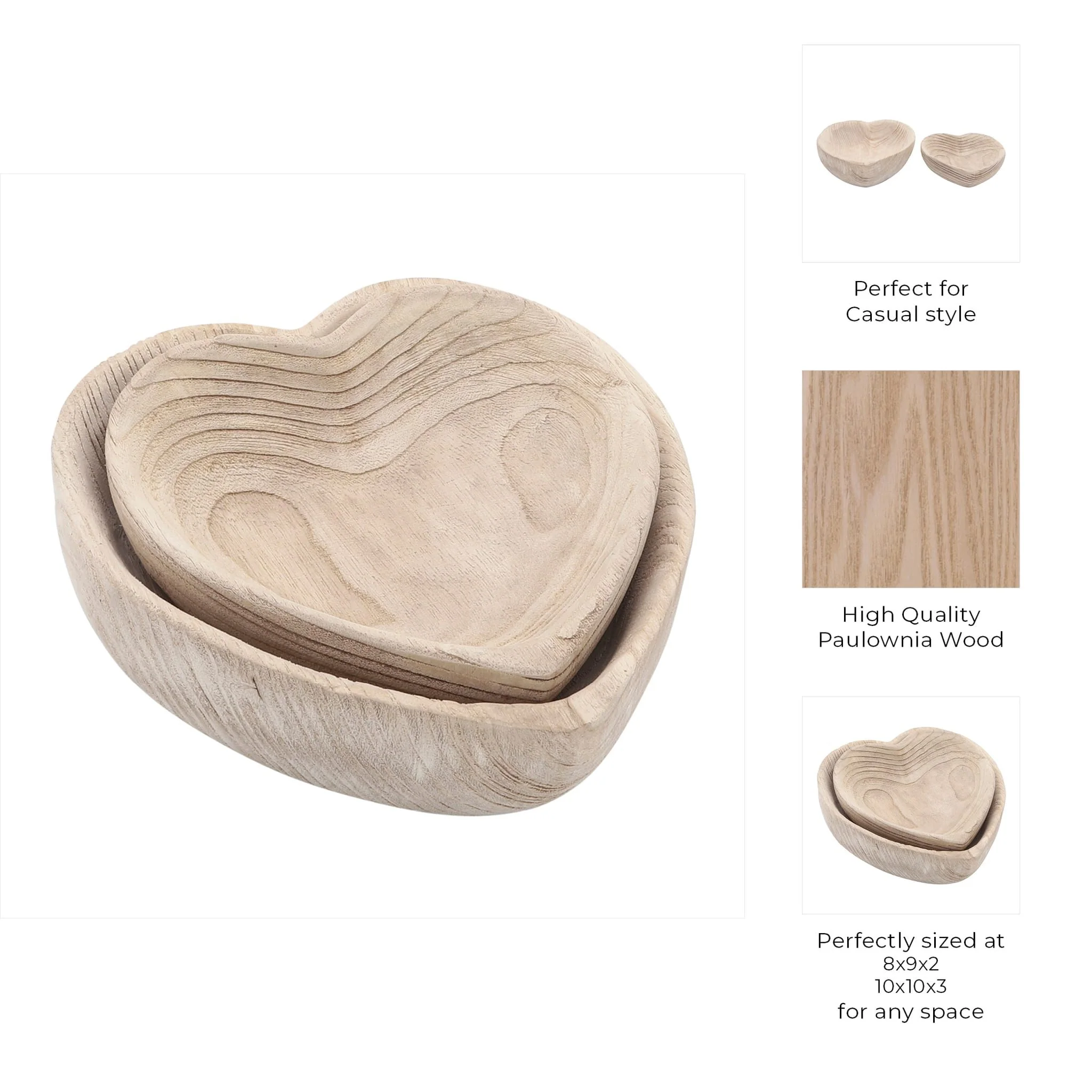 Wood, S/2 9/10" Heart Bowls, Natural - Image 8