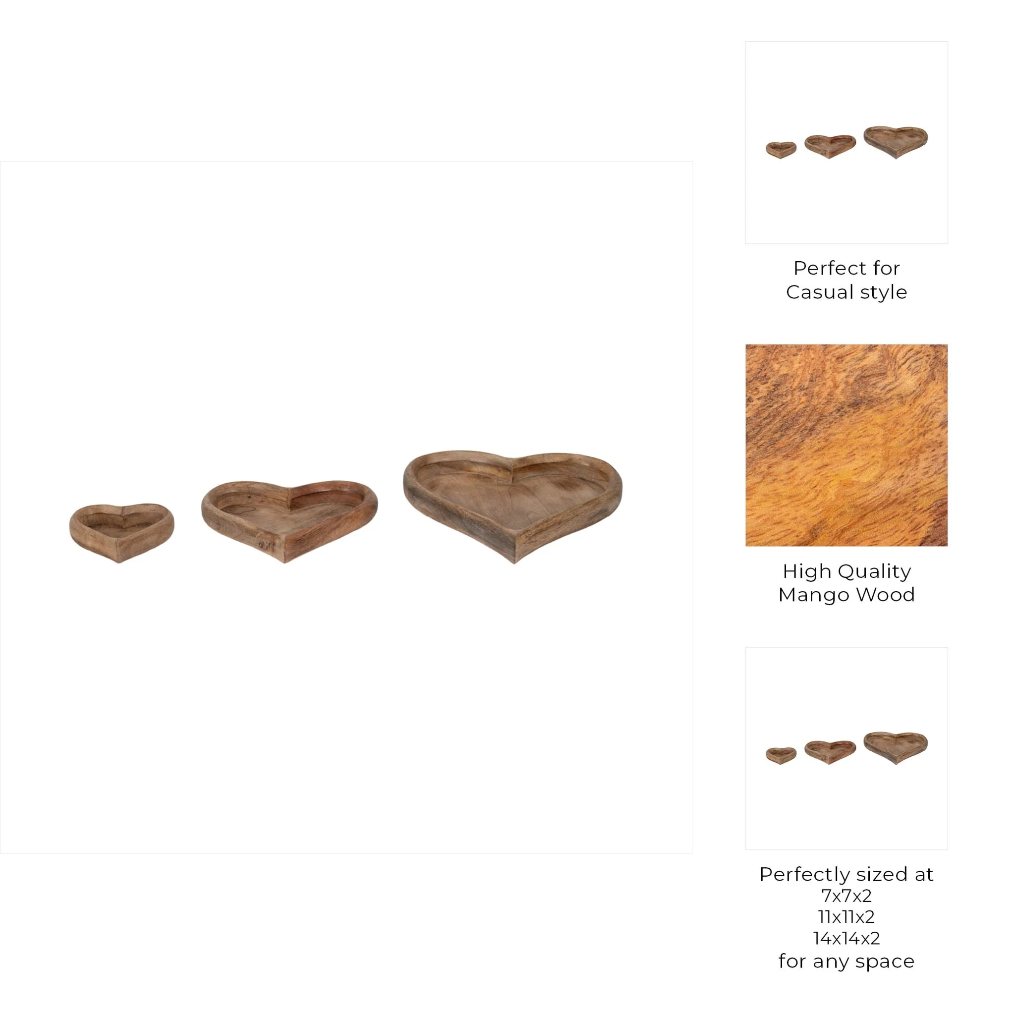 Wood, S/3 7/11/14" Heart Trays, Natural - Image 10
