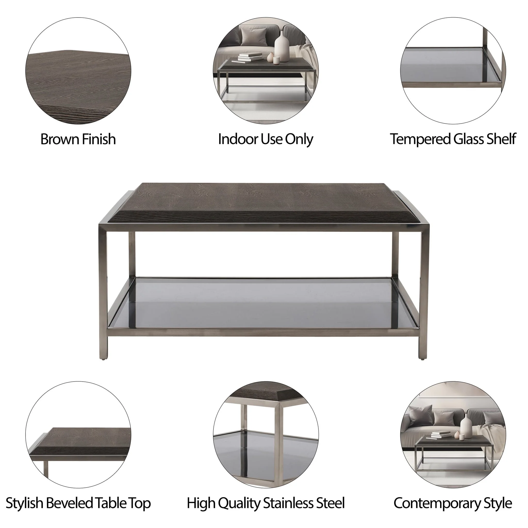 Wood/stainless Steel Coffe Table, Brown - Image 4