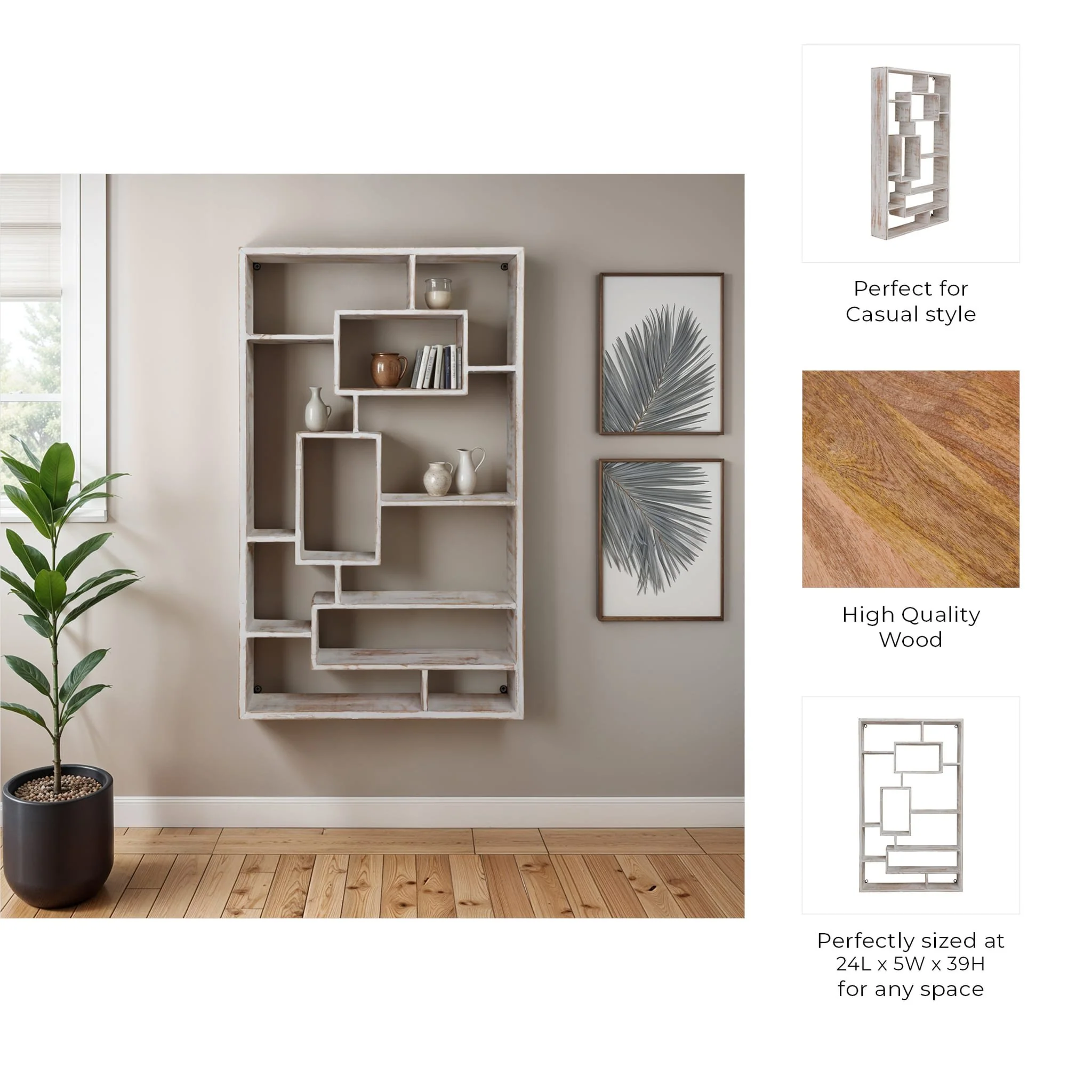 Wooden Multi-tier Wall Shelf, Whitewash - Image 9