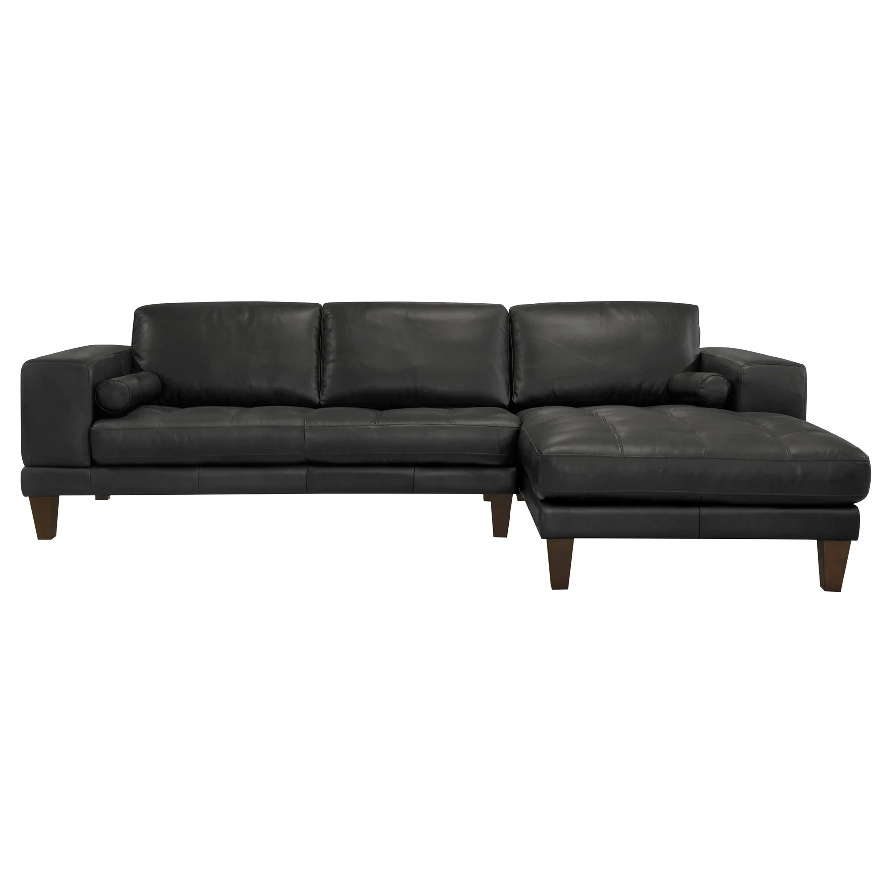 Wynne Contemporary Sectional in Genuine Black Leather with Brown Wood Legs - Image 2