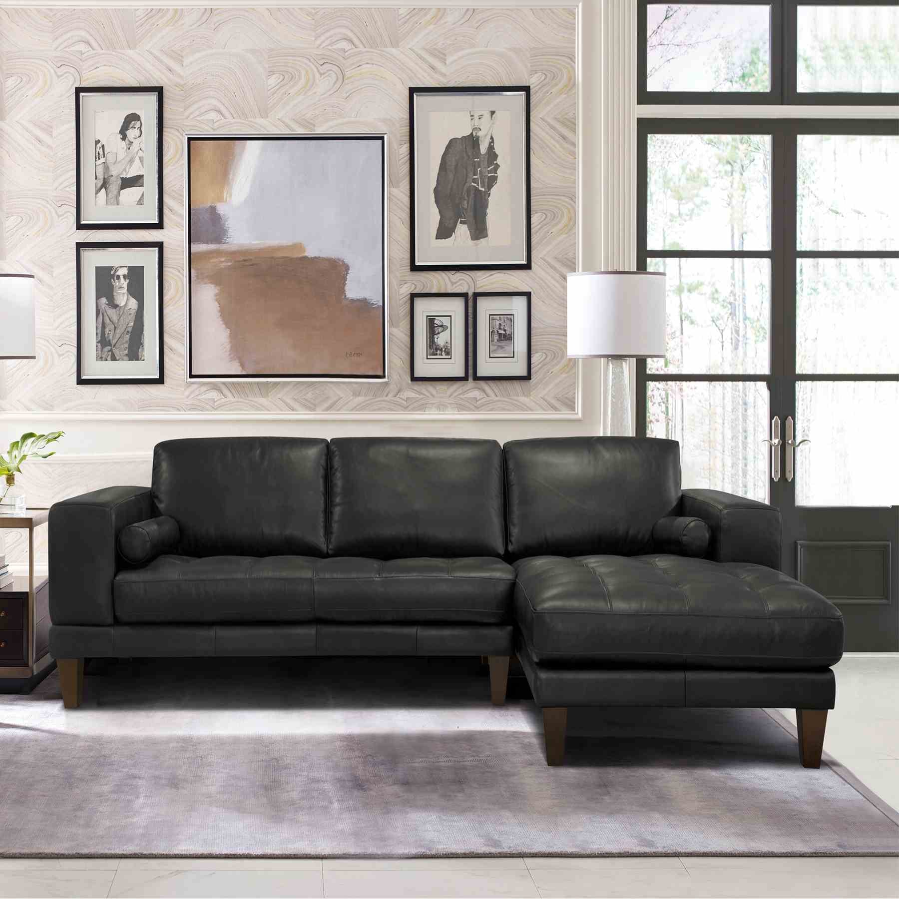 Wynne Contemporary Sectional in Genuine Black Leather with Brown Wood Legs - Image 5