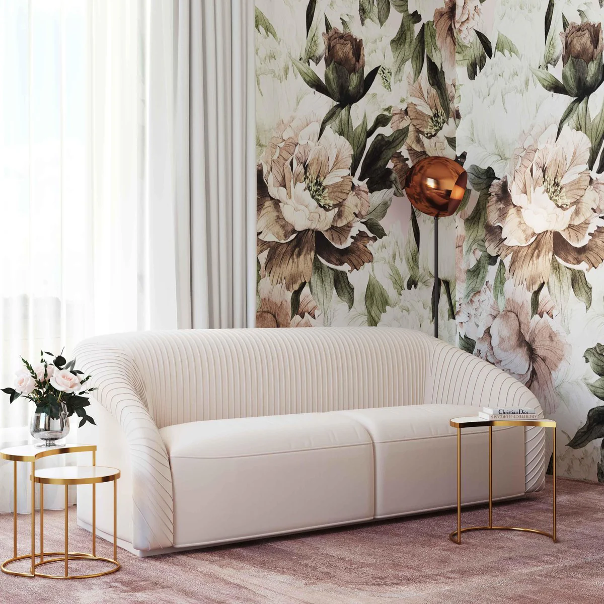 Yara Pleated Beige Velvet Sofa - Image 2