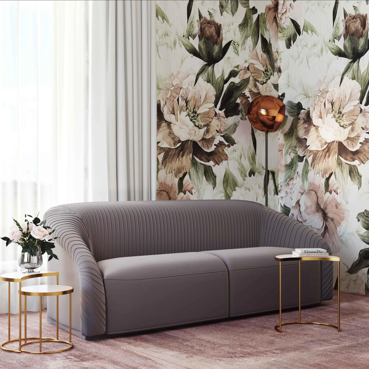 Yara Pleated Grey Velvet Sofa - Image 2