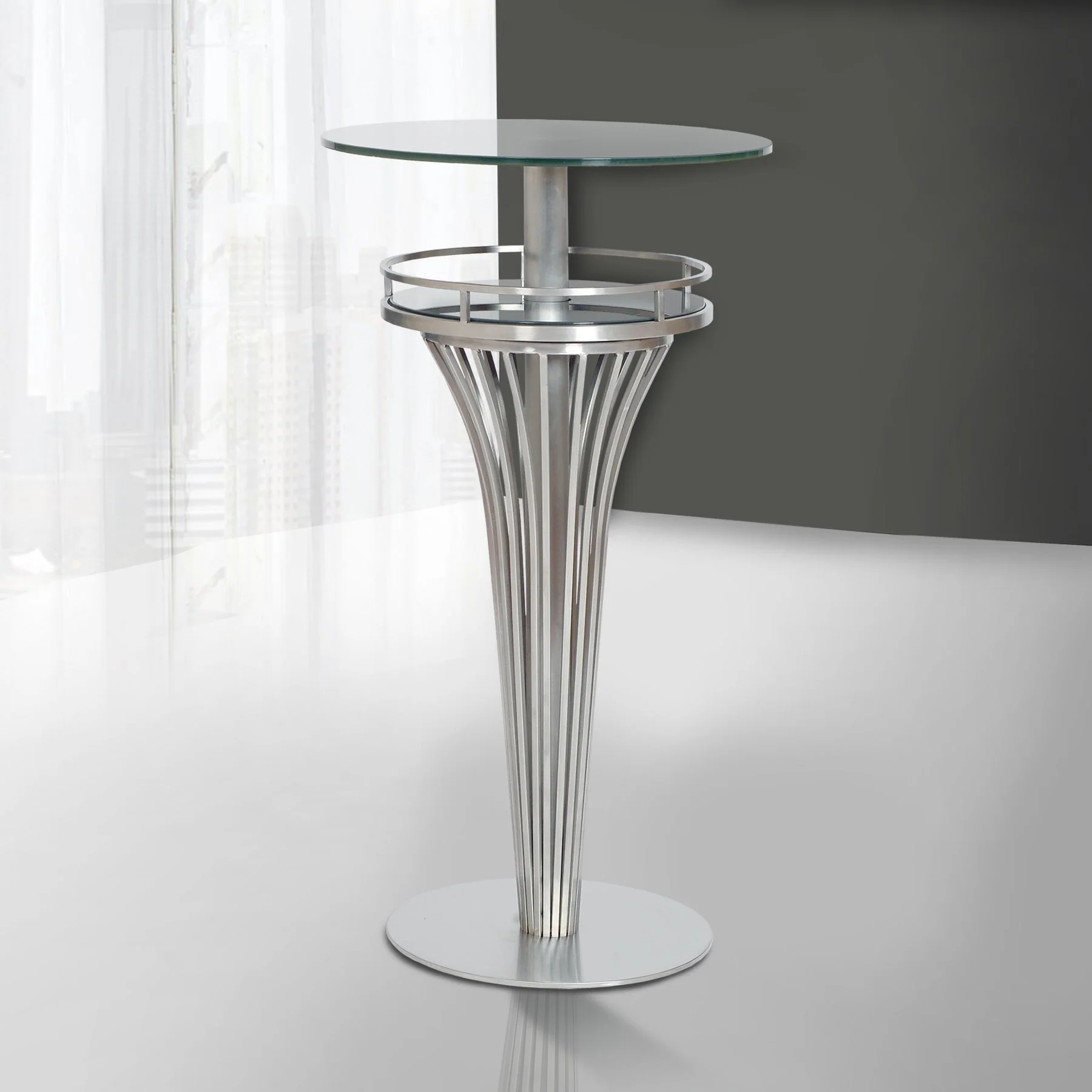 Yukon Contemporary Bar Table In Stainless Steel and Gray Frosted Glass - Image 2