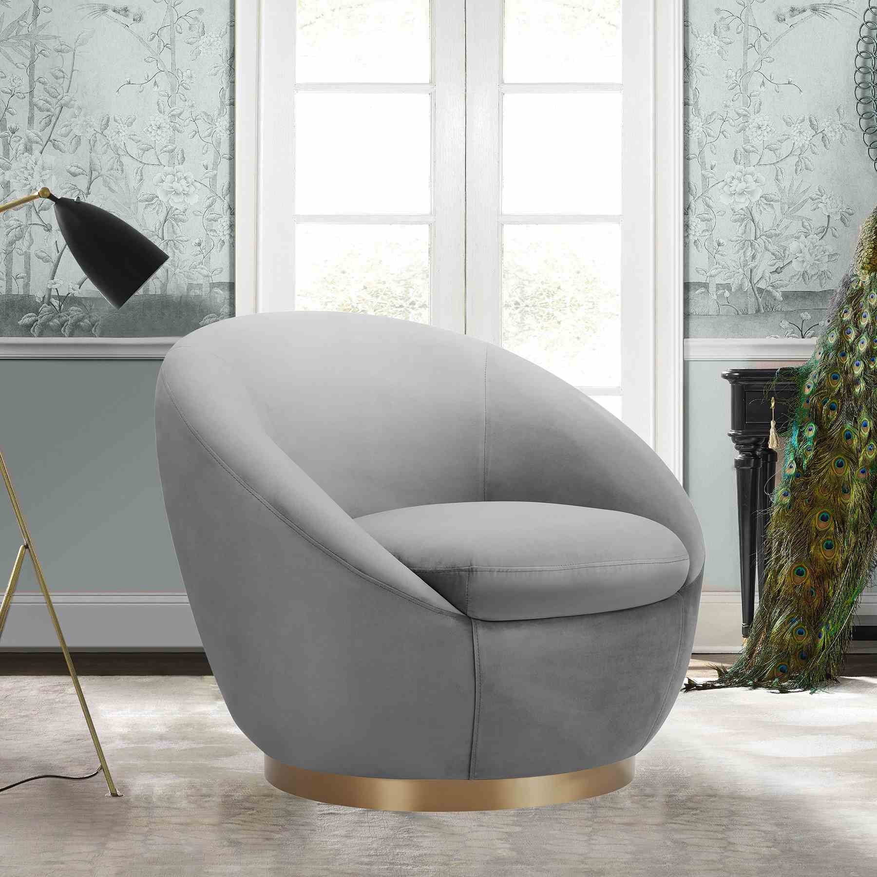 Yves Gray Velvet Swivel Accent Chair with Gold Base - Image 7