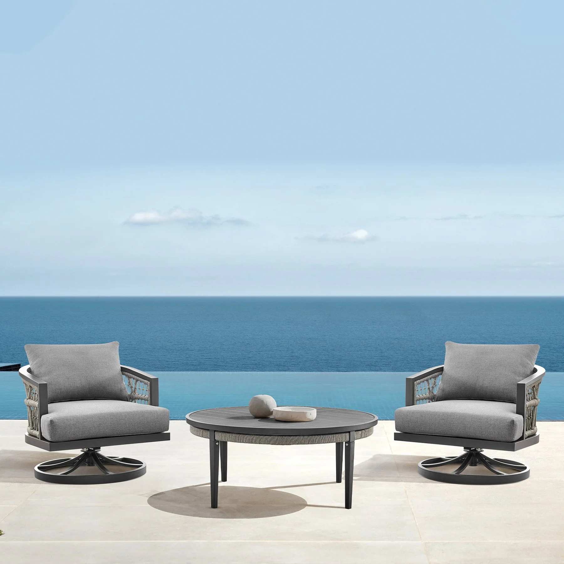 Zella Outdoor Patio 3 Piece Swivel Seating Set in Aluminum with Light Gray Rope and Cushions - Image 12