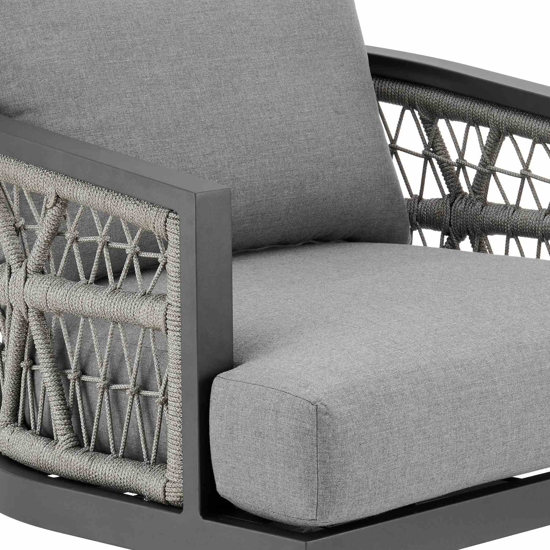 Zella Outdoor Patio 3 Piece Swivel Seating Set in Aluminum with Light Gray Rope and Cushions - Image 5