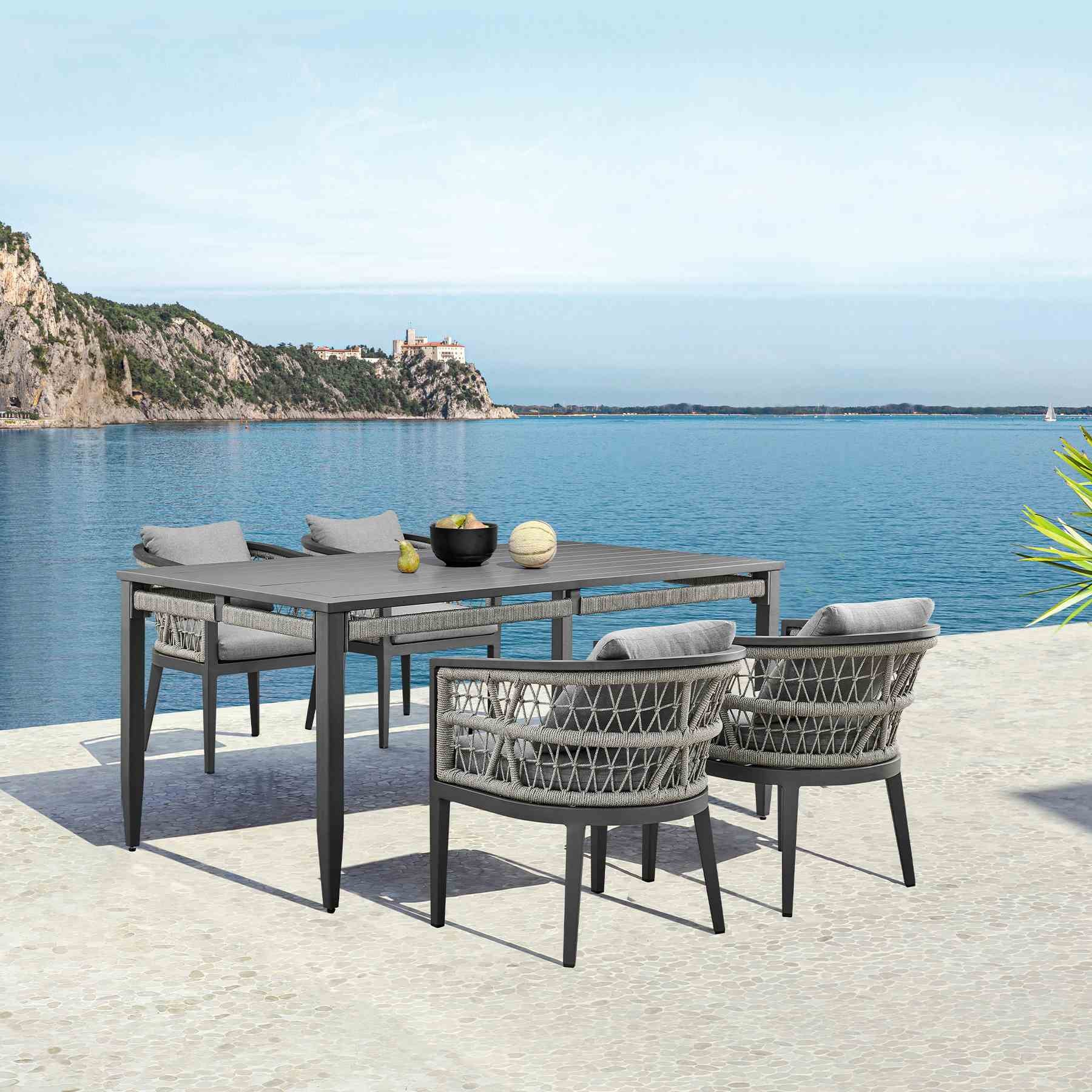 Zella Outdoor Patio 5 Piece Dining Set in Aluminum with Light Gray Rope and Cushions - Image 11