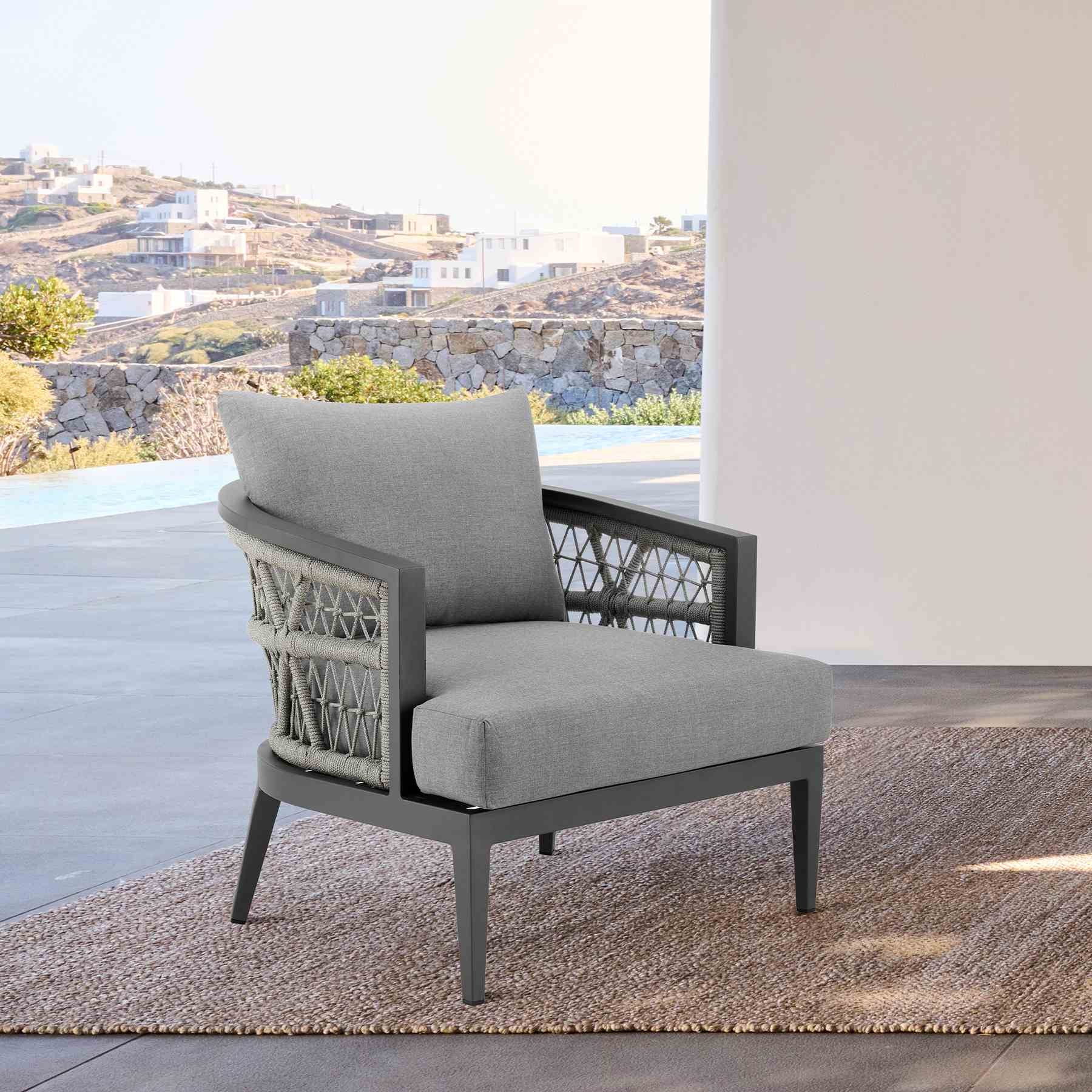 Zella Outdoor Patio Armchair in Aluminum with Light Gray Rope and Earl Gray Cushions - Image 10