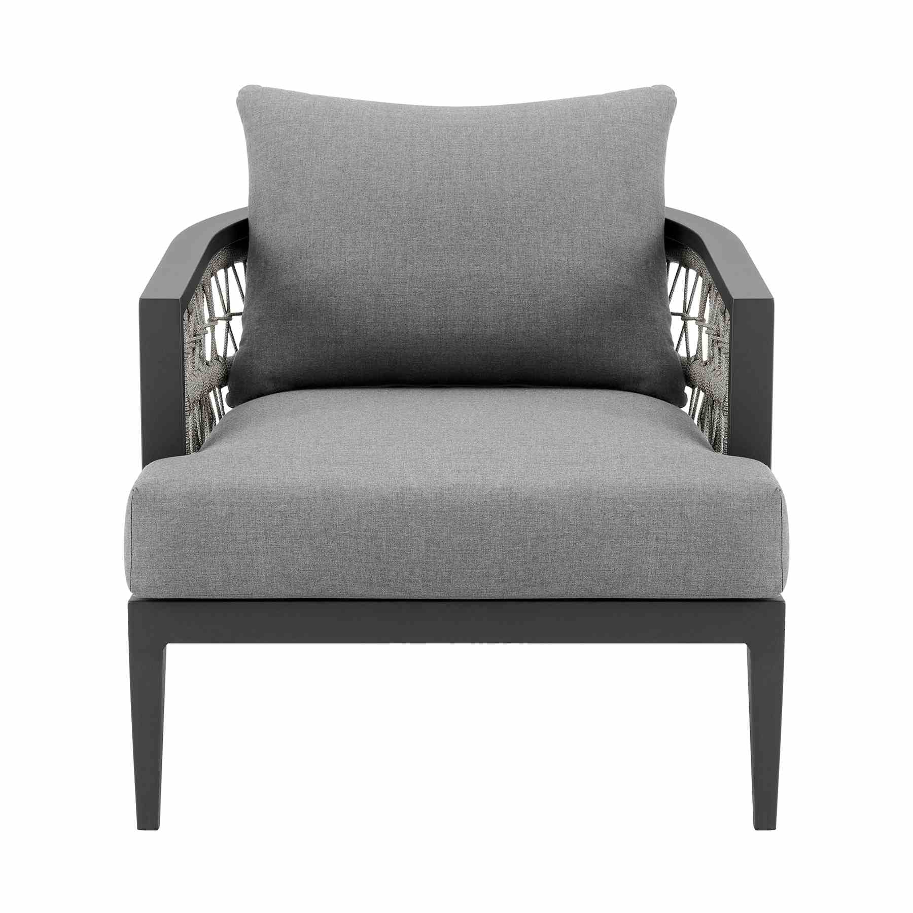 Zella Outdoor Patio Armchair in Aluminum with Light Gray Rope and Earl Gray Cushions - Image 2