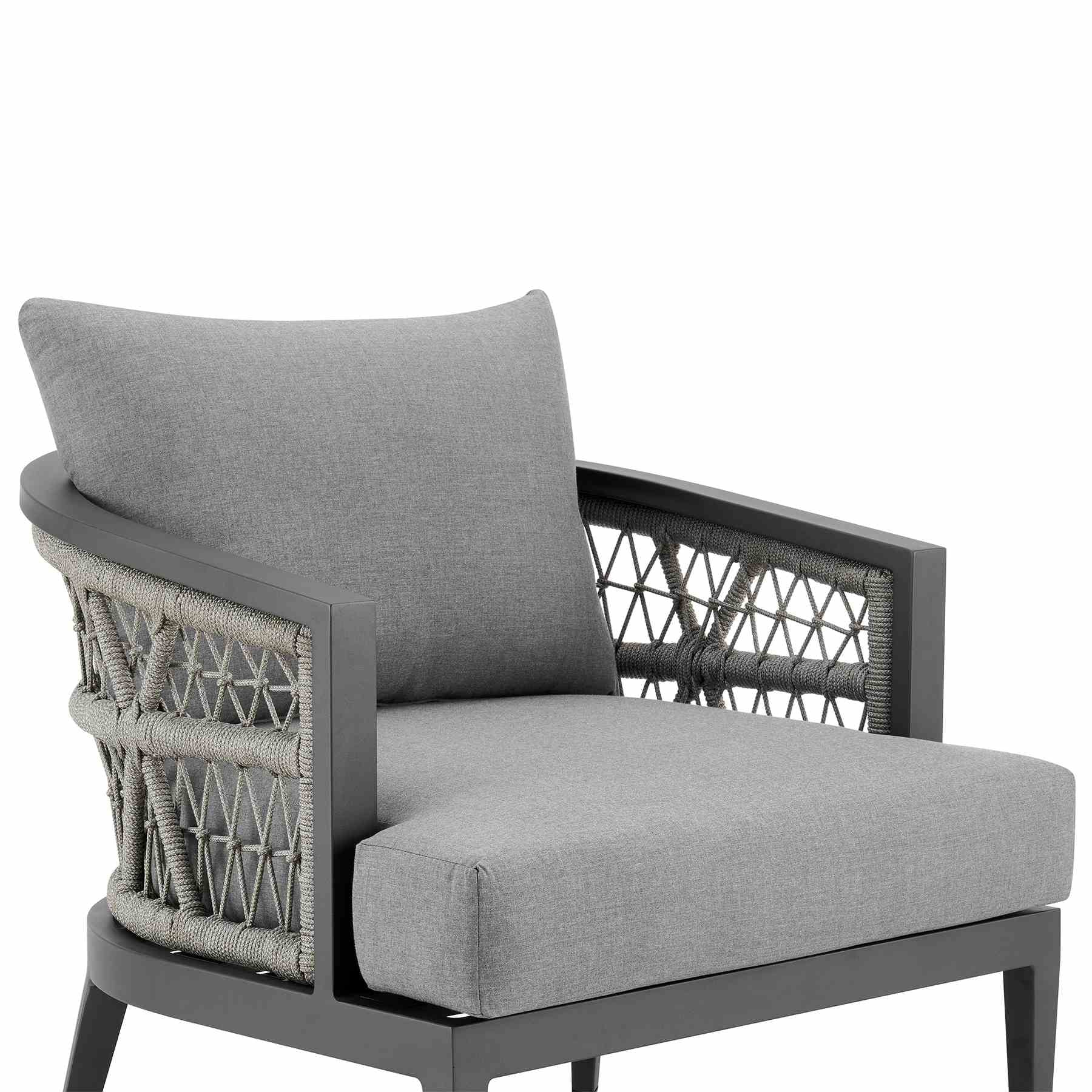 Zella Outdoor Patio Armchair in Aluminum with Light Gray Rope and Earl Gray Cushions - Image 4