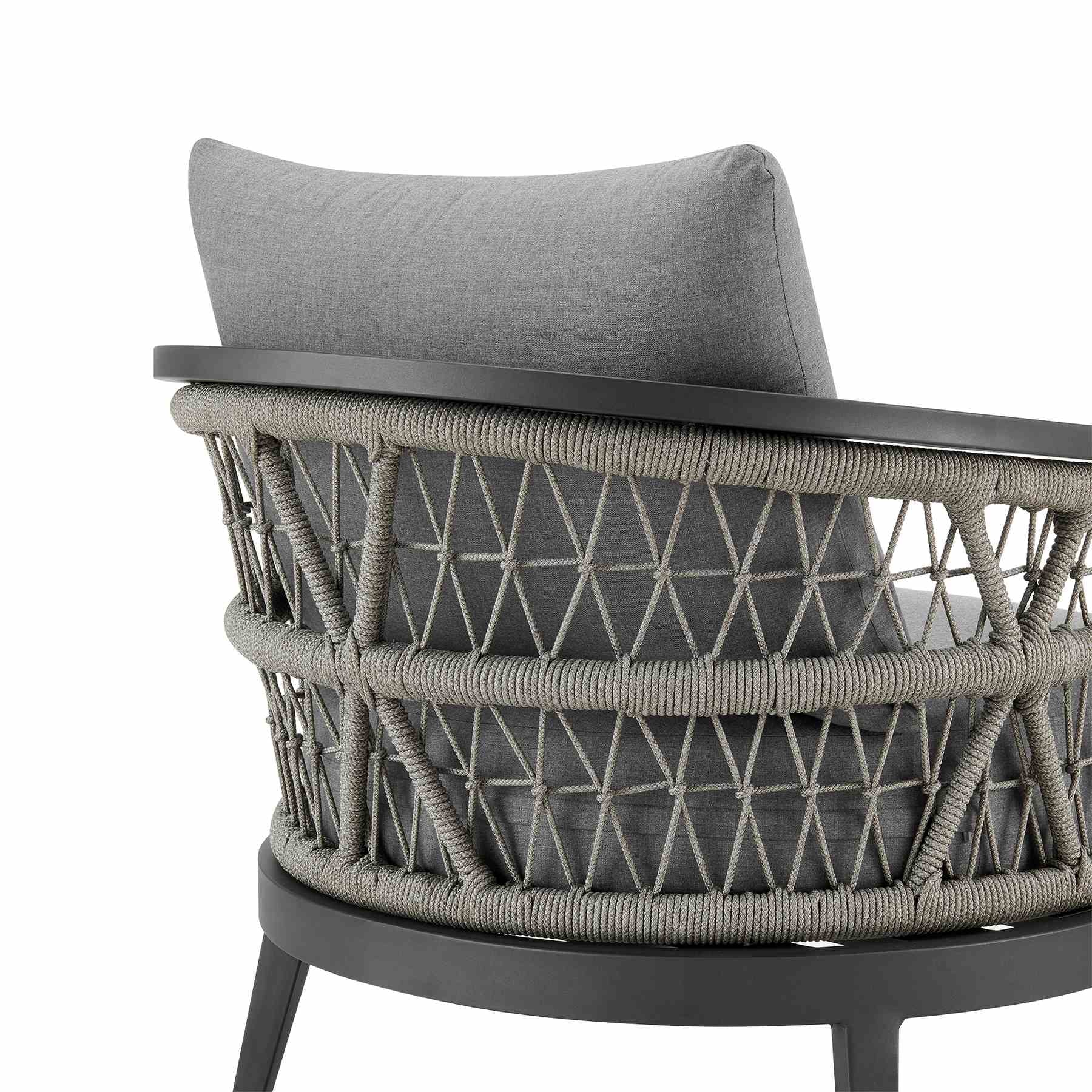 Zella Outdoor Patio Armchair in Aluminum with Light Gray Rope and Earl Gray Cushions - Image 5