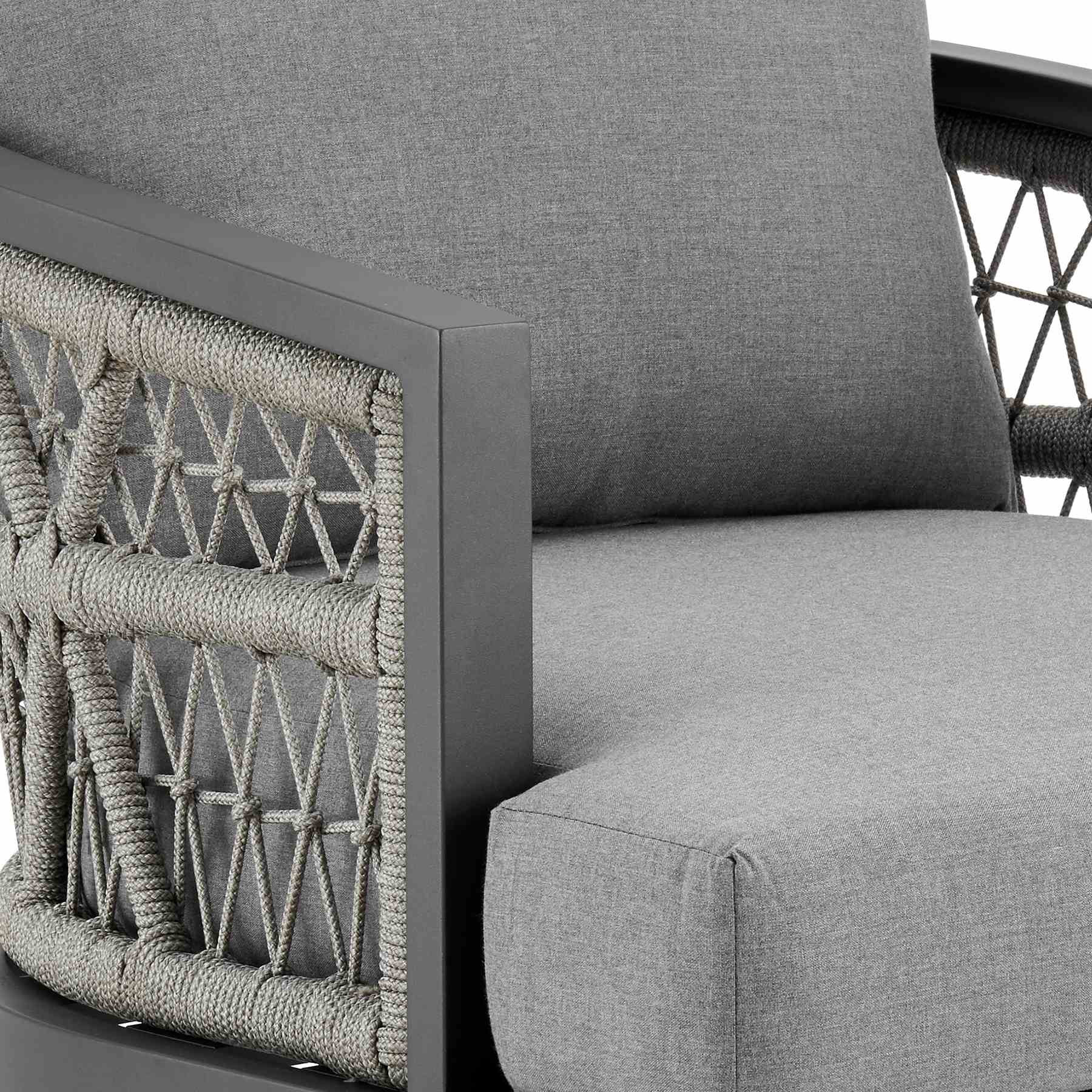 Zella Outdoor Patio Armchair in Aluminum with Light Gray Rope and Earl Gray Cushions - Image 6