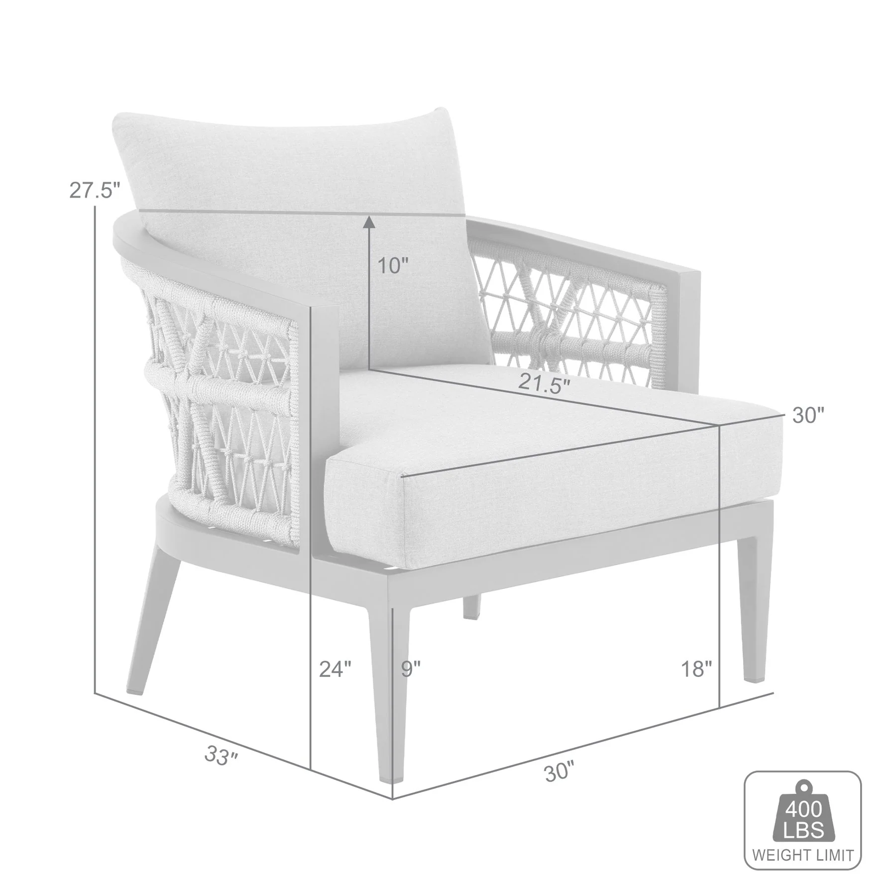 Zella Outdoor Patio Armchair in Aluminum with Light Gray Rope and Earl Gray Cushions - Image 9
