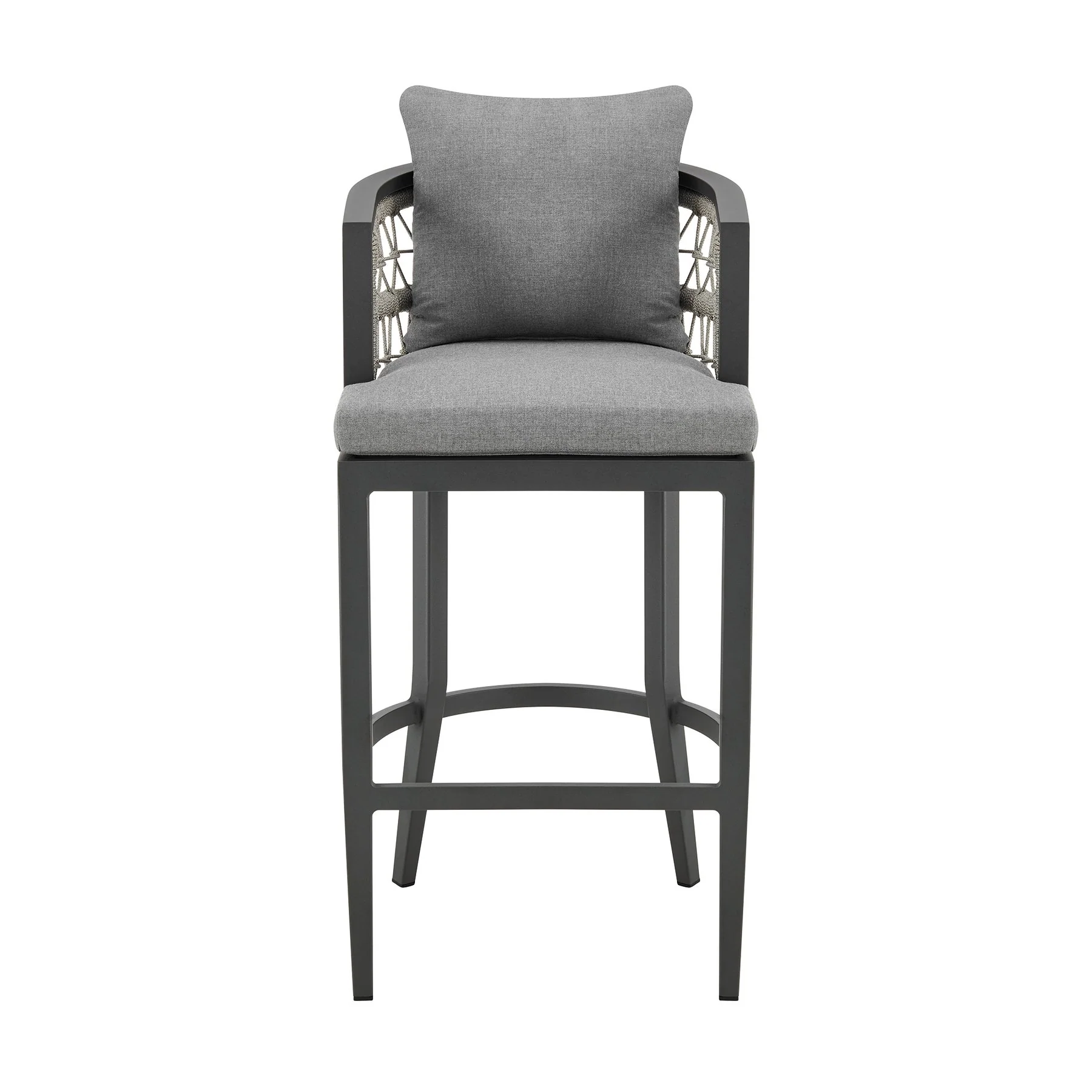 Zella Outdoor Patio Bar Stool in Aluminum with Light Gray Rope and Earl Gray Cushions - Image 2