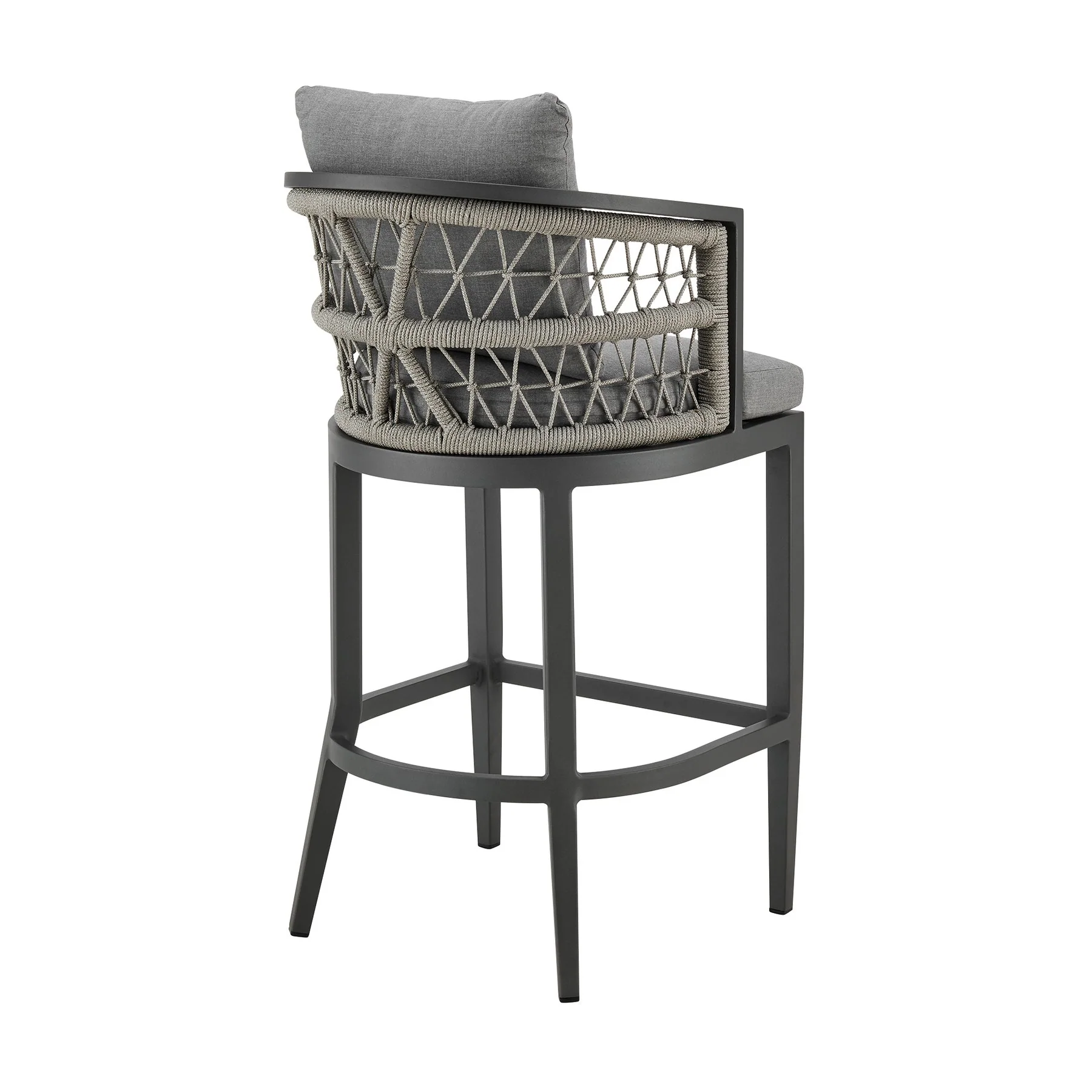 Zella Outdoor Patio Bar Stool in Aluminum with Light Gray Rope and Earl Gray Cushions - Image 3