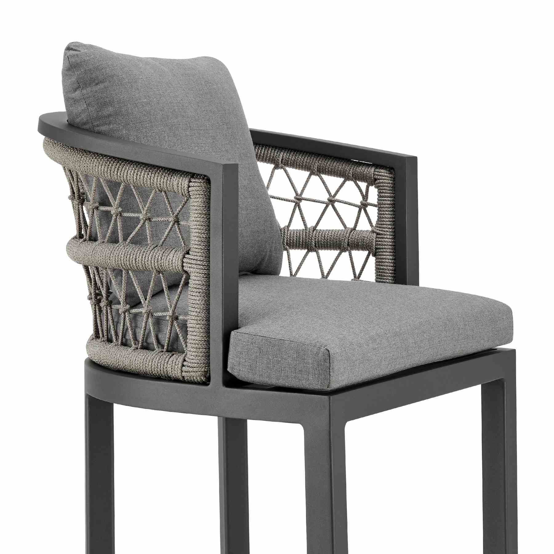 Zella Outdoor Patio Bar Stool in Aluminum with Light Gray Rope and Earl Gray Cushions - Image 4