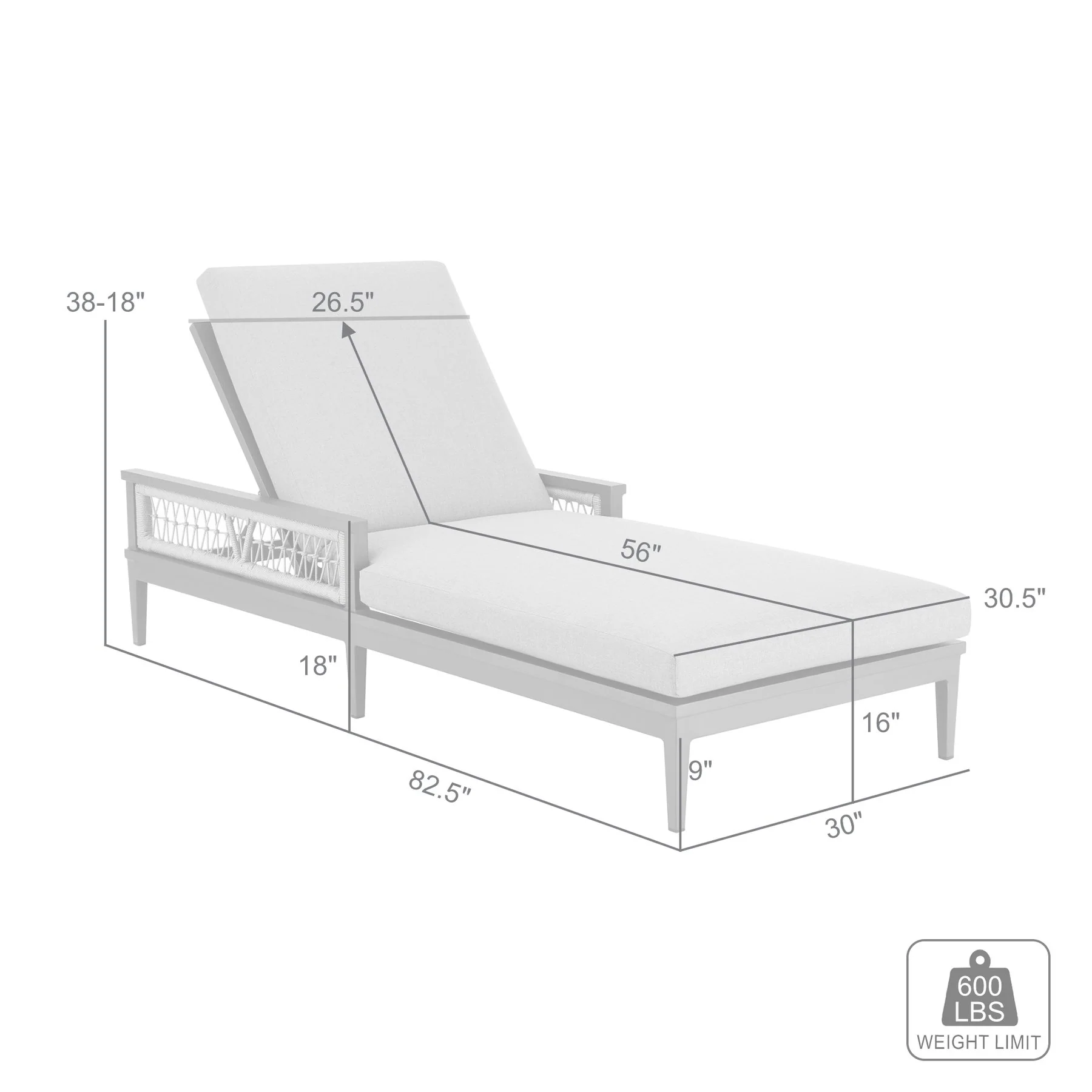 Zella Outdoor Patio Chaise Lounge Chair in Aluminum with Gray Rope and Earl Gray Cushions - Image 9