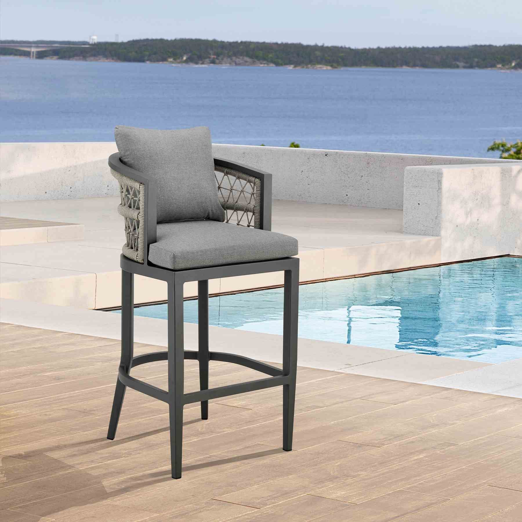 Zella Outdoor Patio Counter Stool in Aluminum with Light Gray Rope and Earl Gray Cushions - Image 10