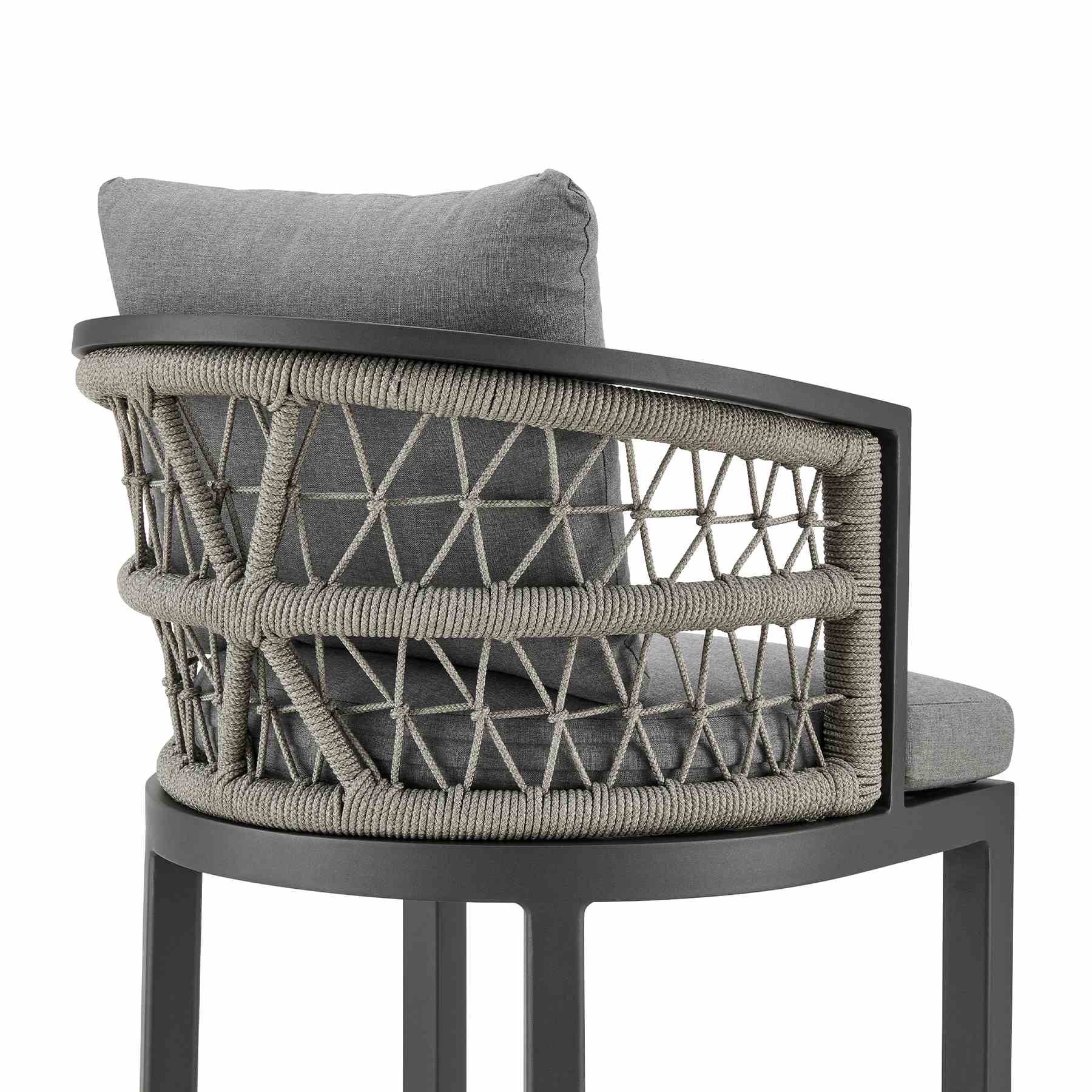 Zella Outdoor Patio Counter Stool in Aluminum with Light Gray Rope and Earl Gray Cushions - Image 5