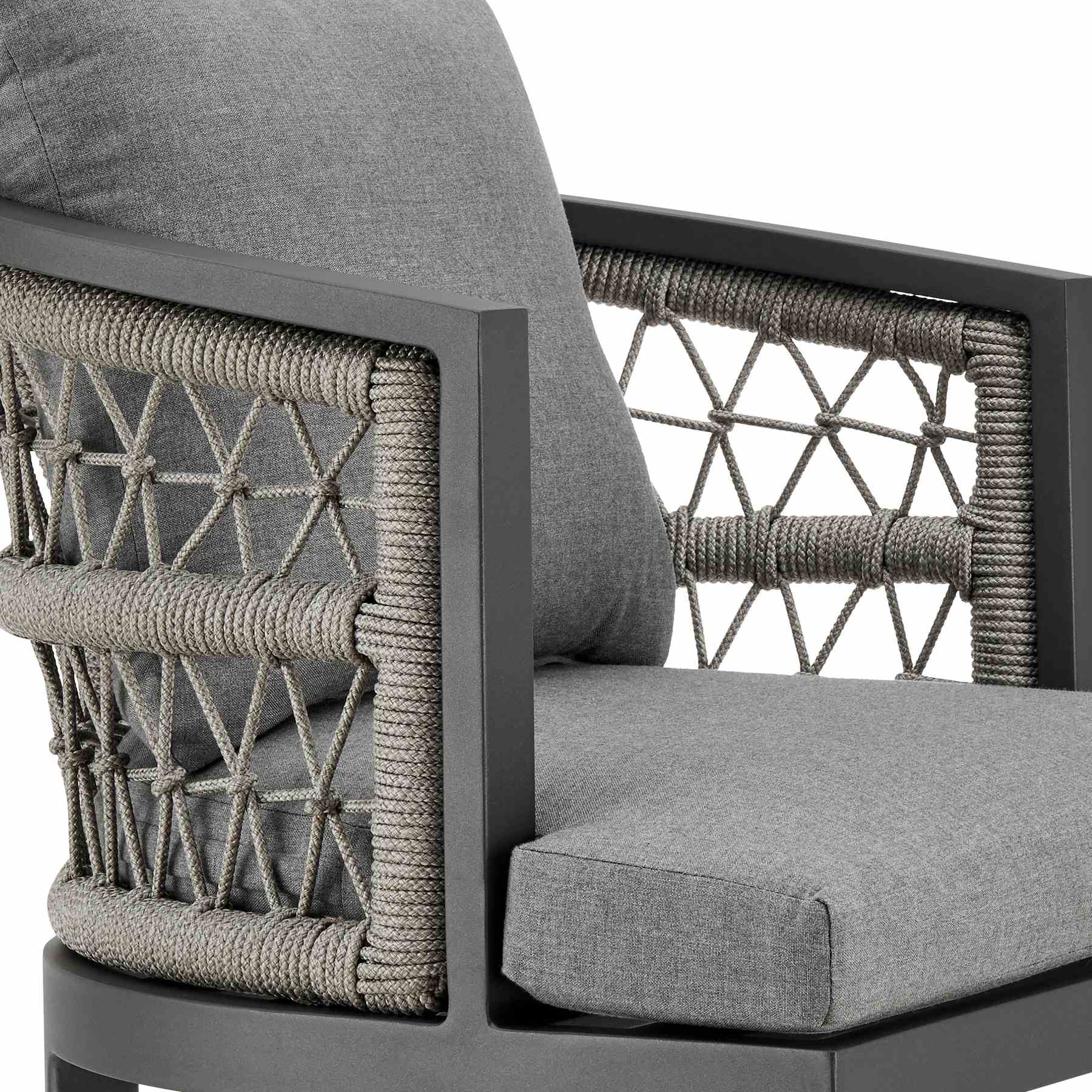 Zella Outdoor Patio Counter Stool in Aluminum with Light Gray Rope and Earl Gray Cushions - Image 6