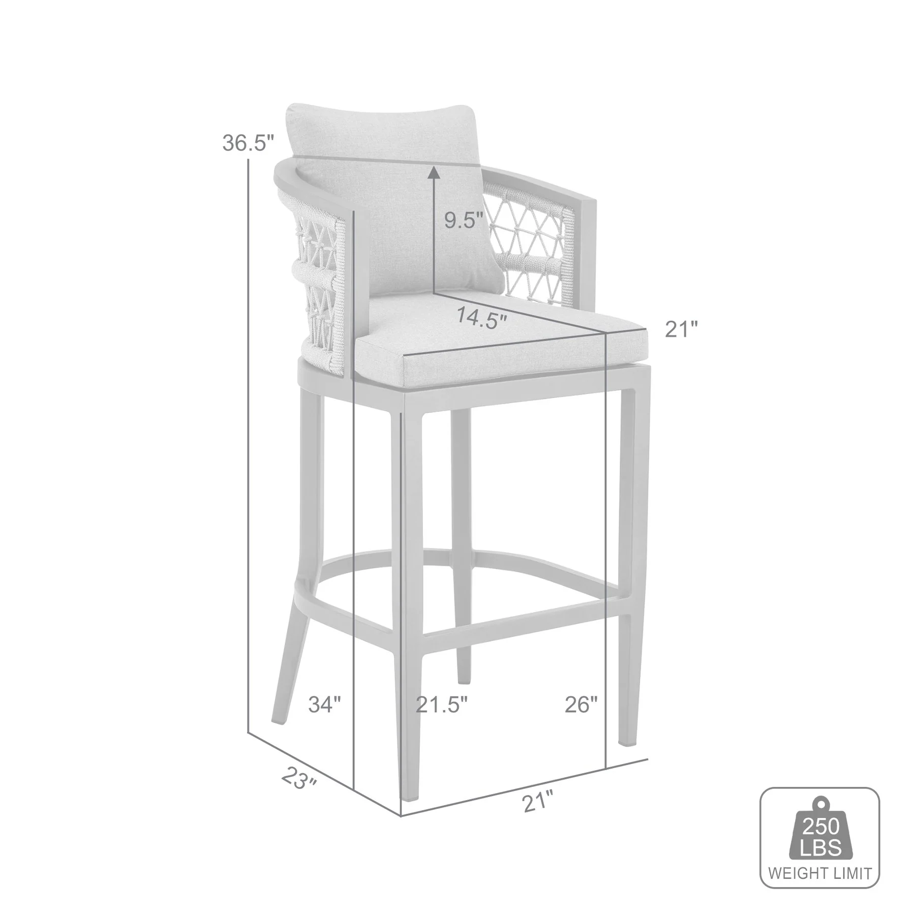 Zella Outdoor Patio Counter Stool in Aluminum with Light Gray Rope and Earl Gray Cushions - Image 9