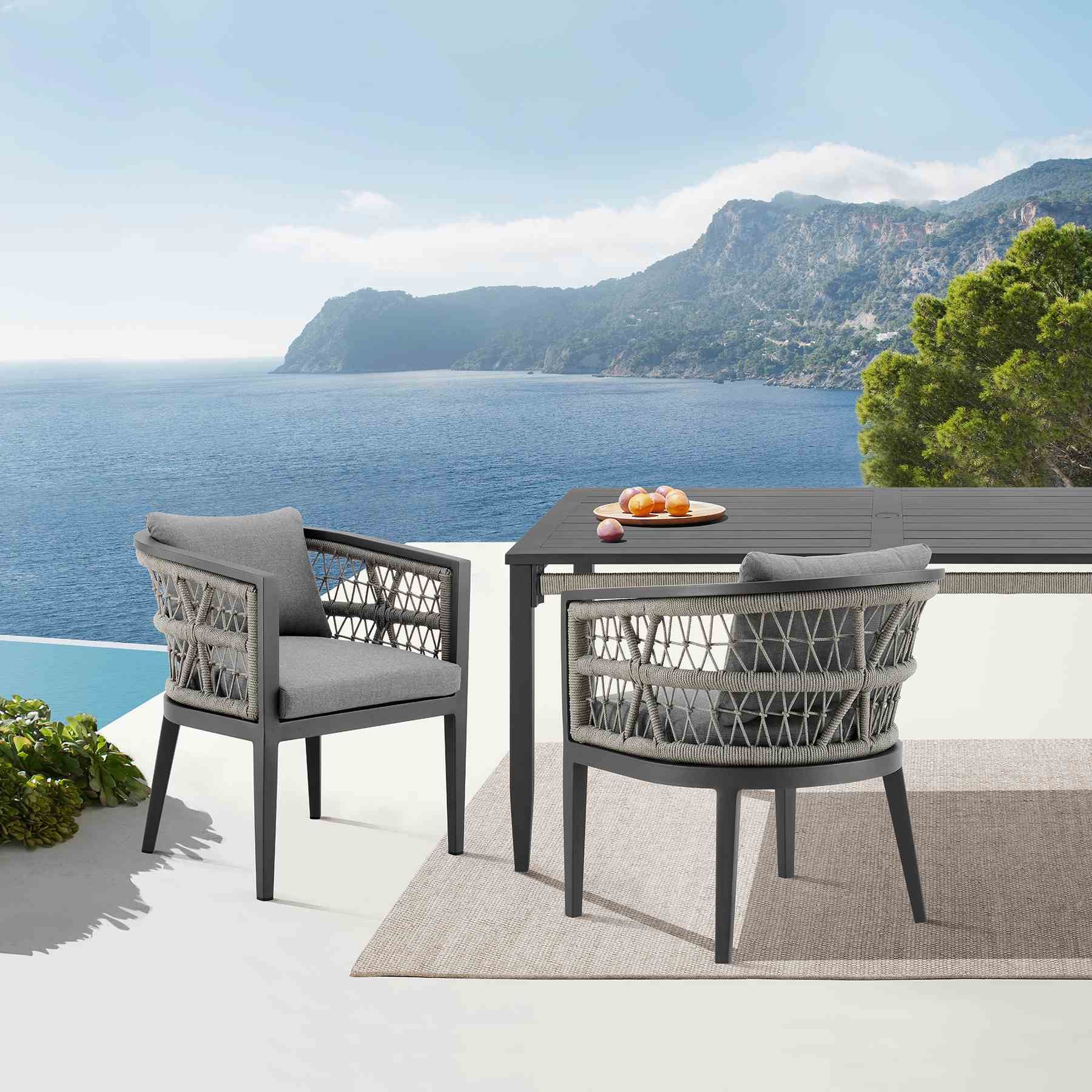 Zella Outdoor Patio Dining Chair in Aluminum with Light Gray Rope and Earl Gray Cushions - Set of 2 - Image 11