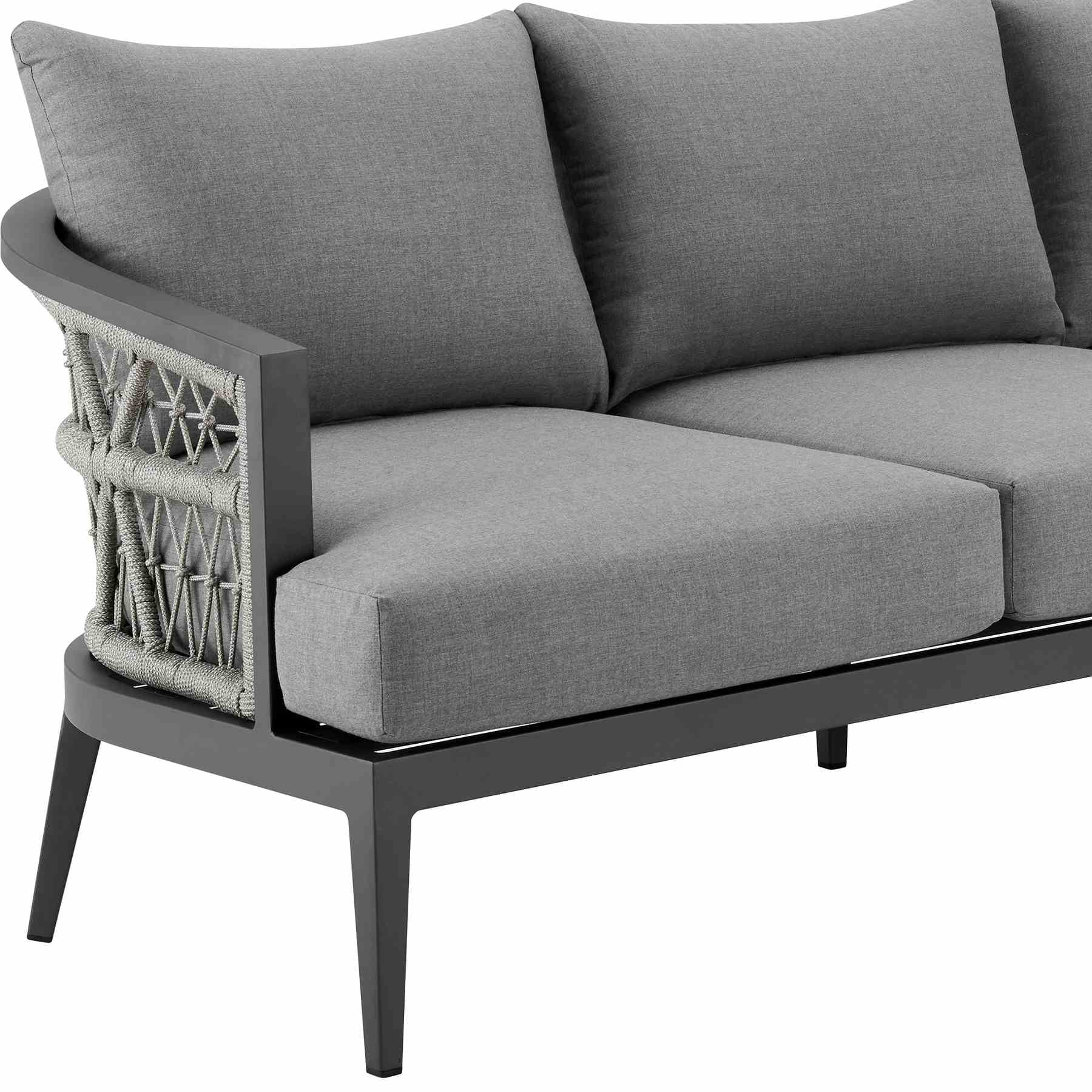 Zella Outdoor Patio Sofa in Aluminum with Light Gray Rope and Earl Gray Cushions - Image 4