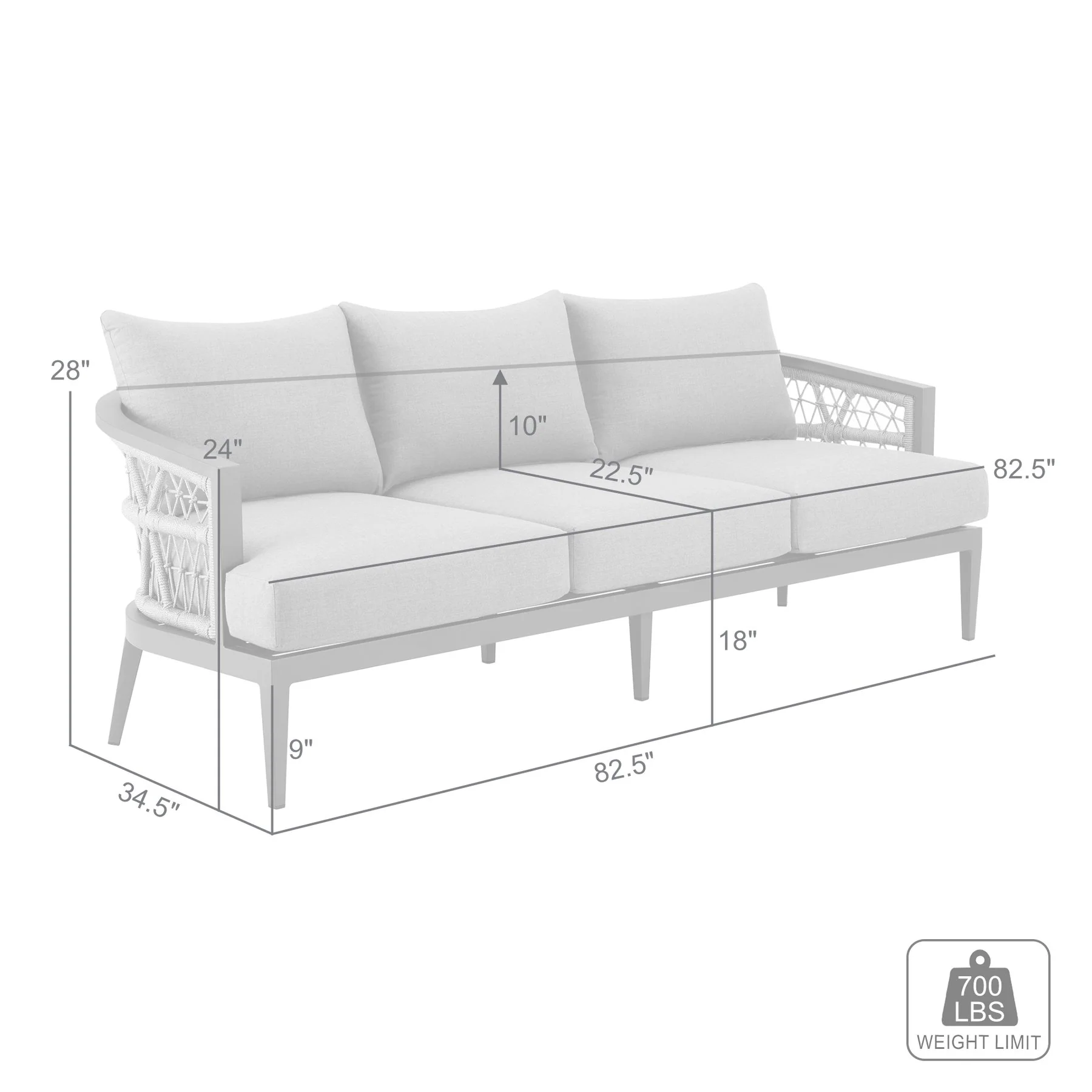 Zella Outdoor Patio Sofa in Aluminum with Light Gray Rope and Earl Gray Cushions - Image 8