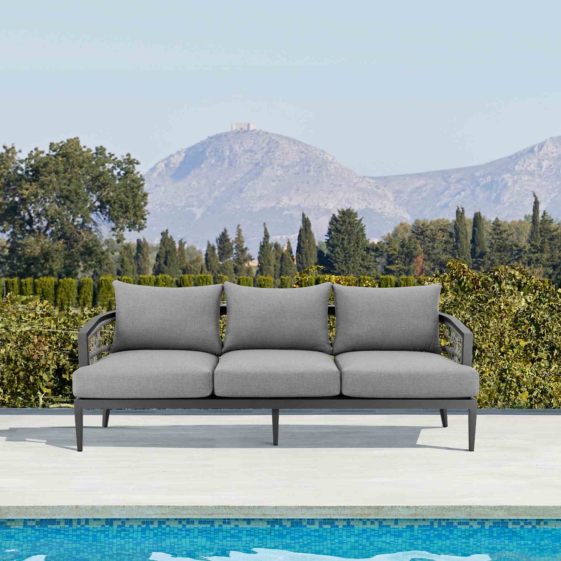 Zella Outdoor Patio Sofa in Aluminum with Light Gray Rope and Earl Gray Cushions - Image 9
