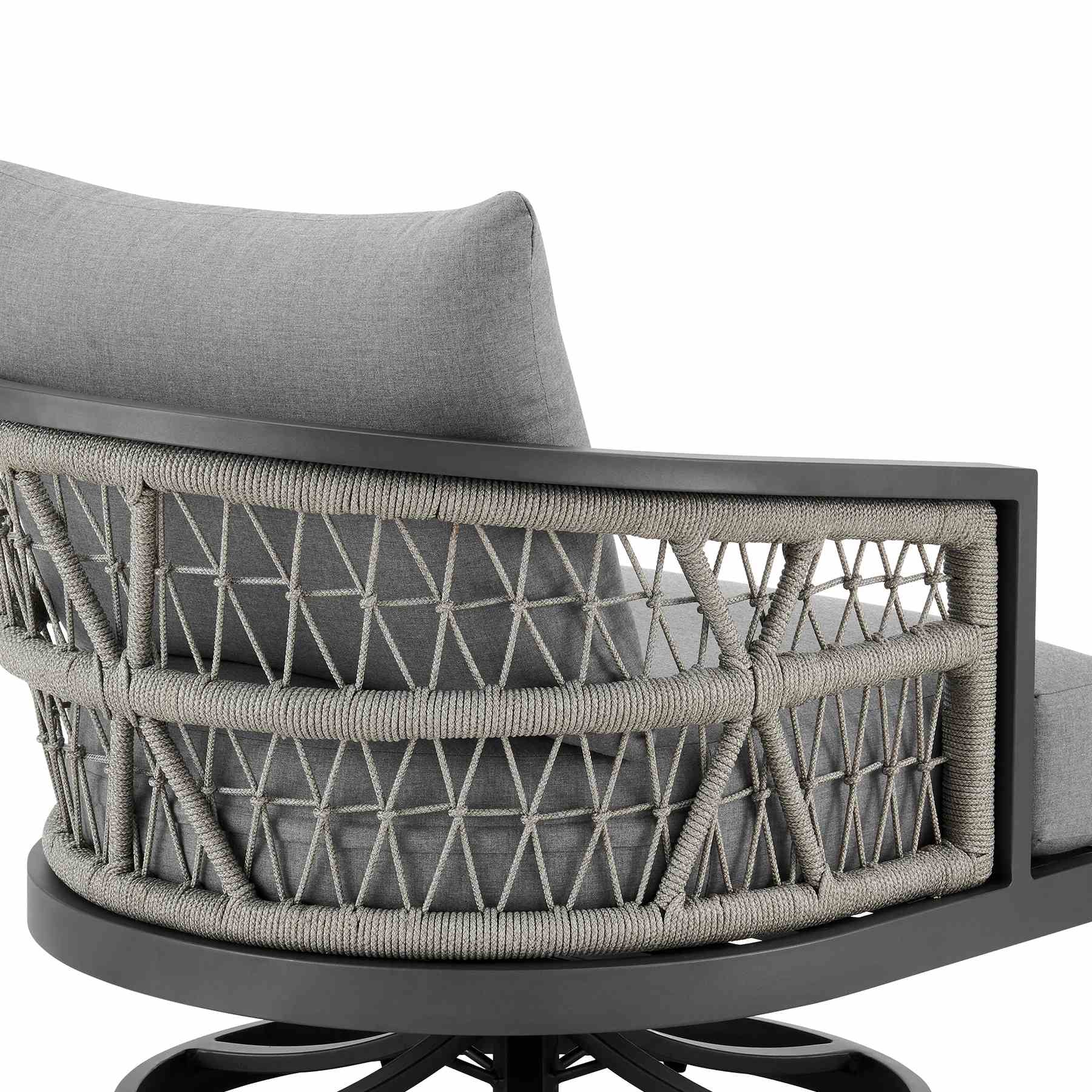Zella Outdoor Patio Swivel Armchair in Aluminum with Light Gray Rope and Earl Gray Cushions - Image 5