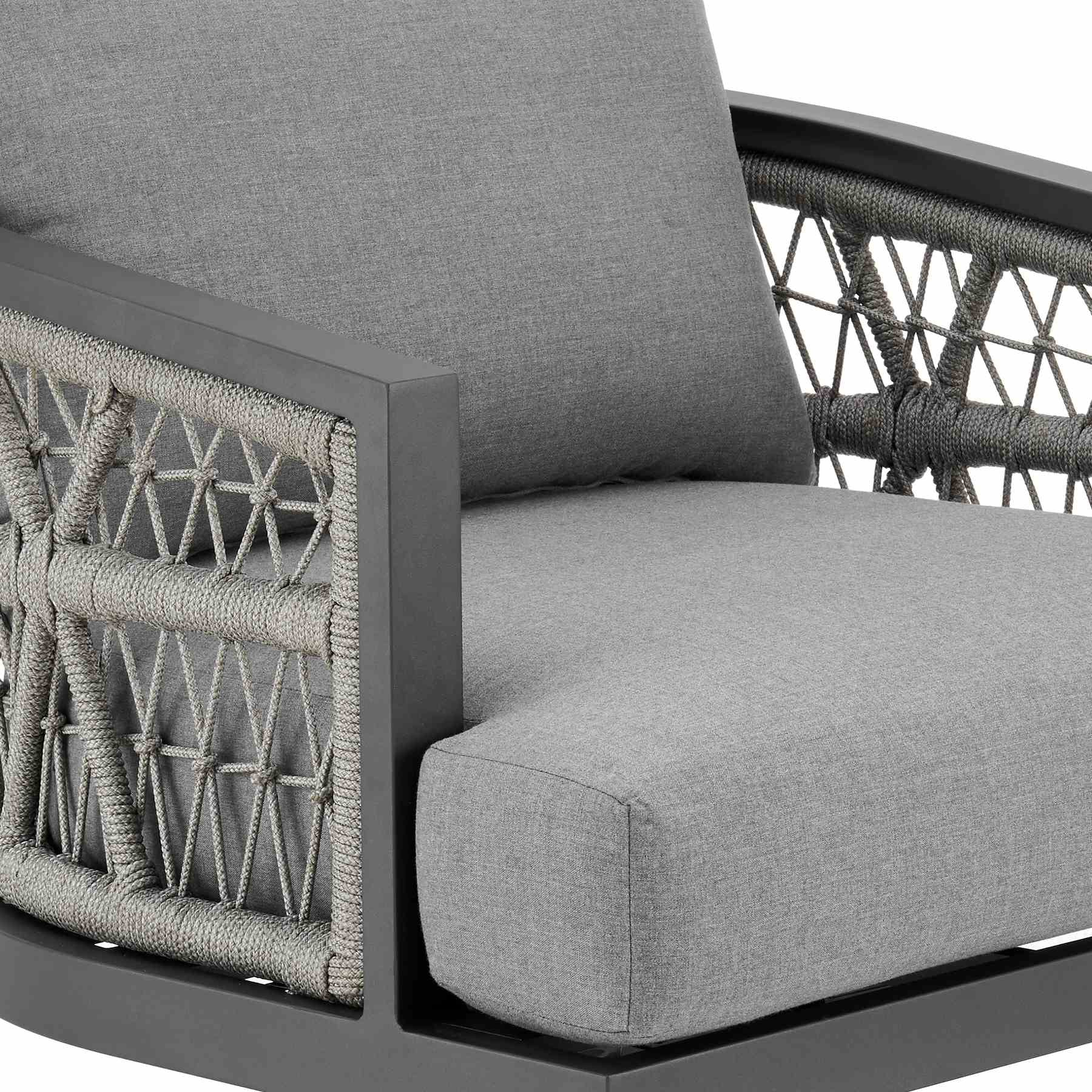 Zella Outdoor Patio Swivel Armchair in Aluminum with Light Gray Rope and Earl Gray Cushions - Image 6
