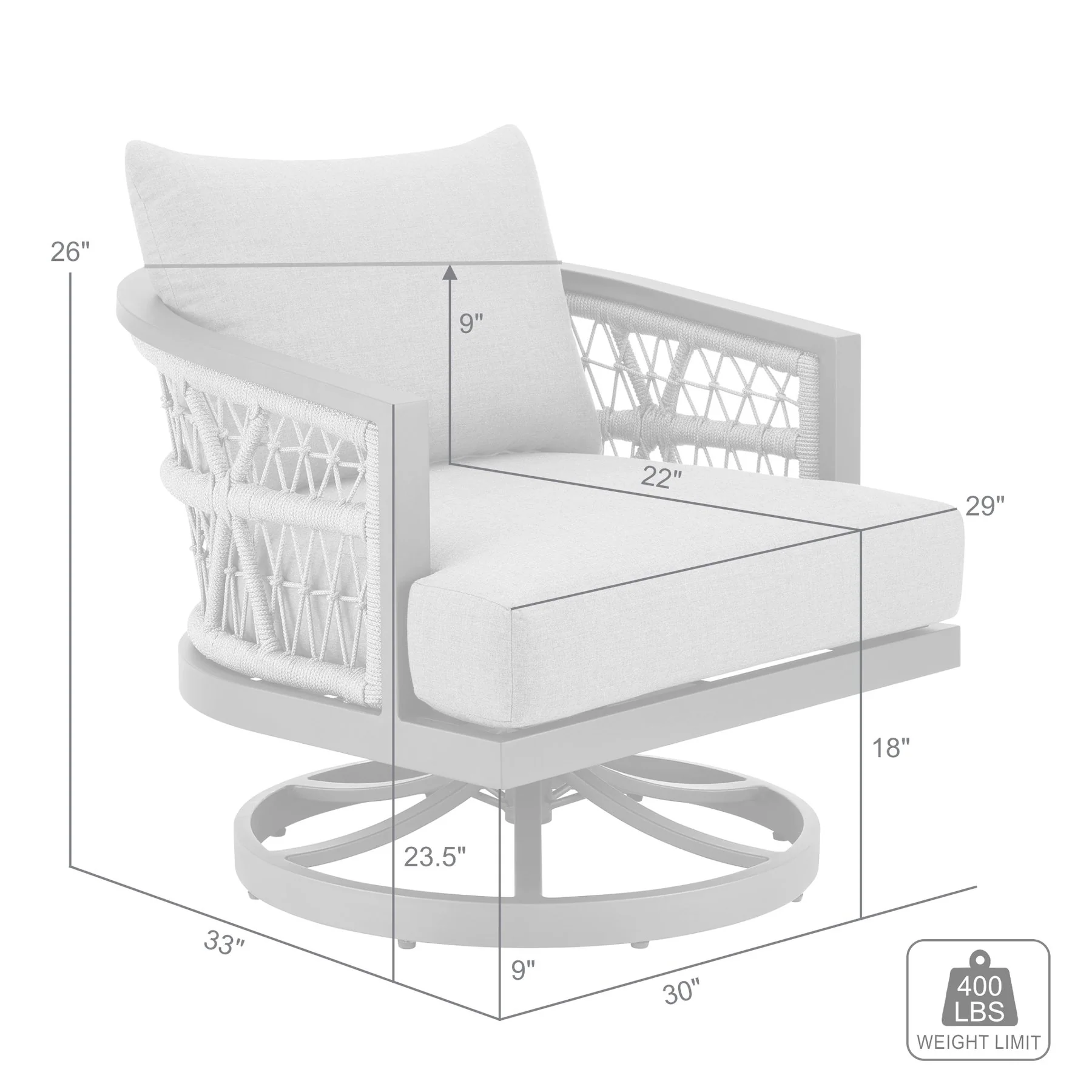 Zella Outdoor Patio Swivel Armchair in Aluminum with Light Gray Rope and Earl Gray Cushions - Image 9