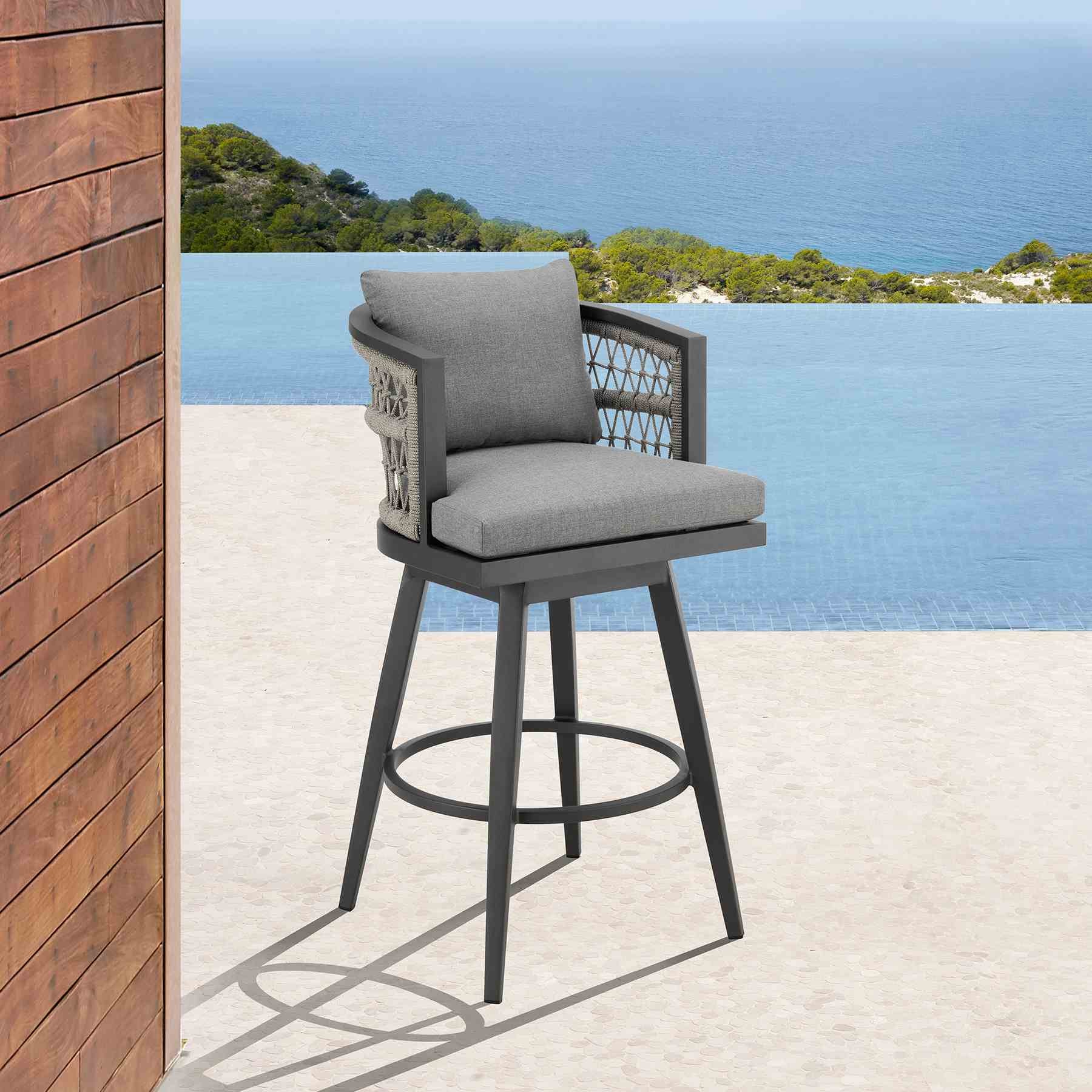 Zella Outdoor Patio Swivel Bar Stool in Aluminum with Light Gray Rope and Earl Gray Cushions - Image 10