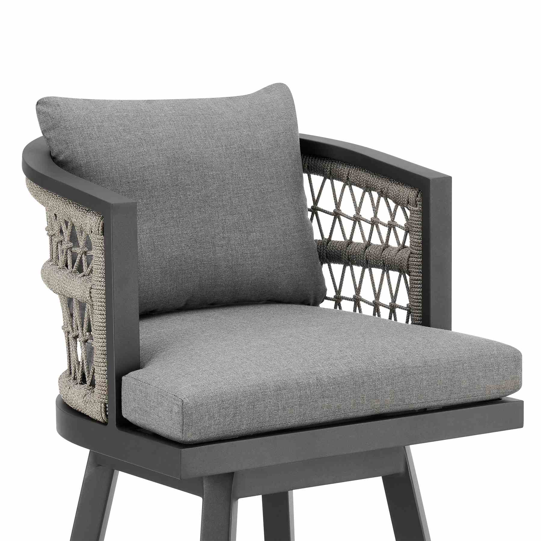 Zella Outdoor Patio Swivel Bar Stool in Aluminum with Light Gray Rope and Earl Gray Cushions - Image 4