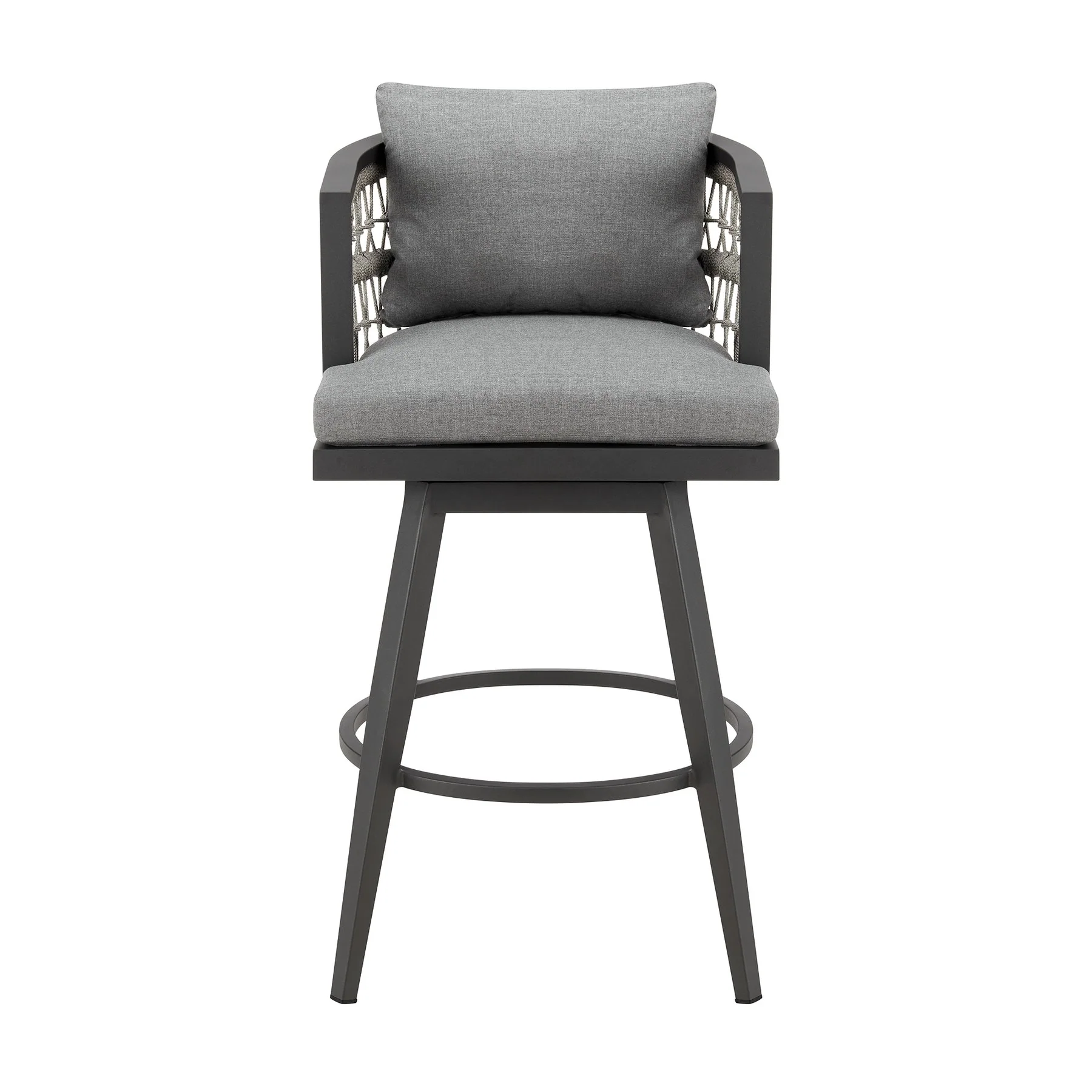 Zella Outdoor Patio Swivel Counter Stool in Aluminum with Light Gray Rope and Earl Gray Cushions - Image 2